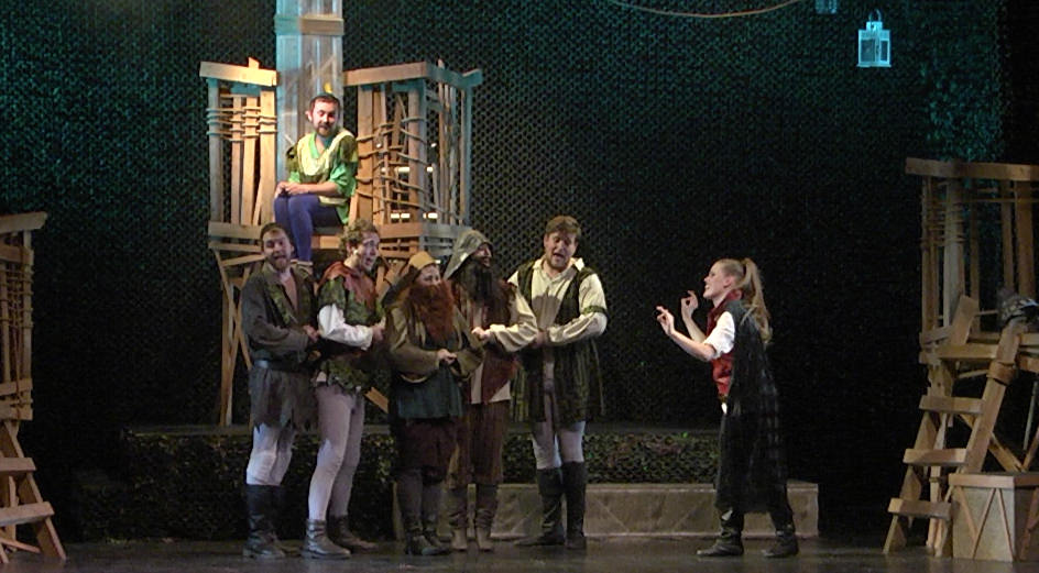 Robin Hood (Daniel James) and the Merry Men try to convince Friar Tuck (Benjamin Kyte) to join them.
Photo by: Daniel DiMarco 4