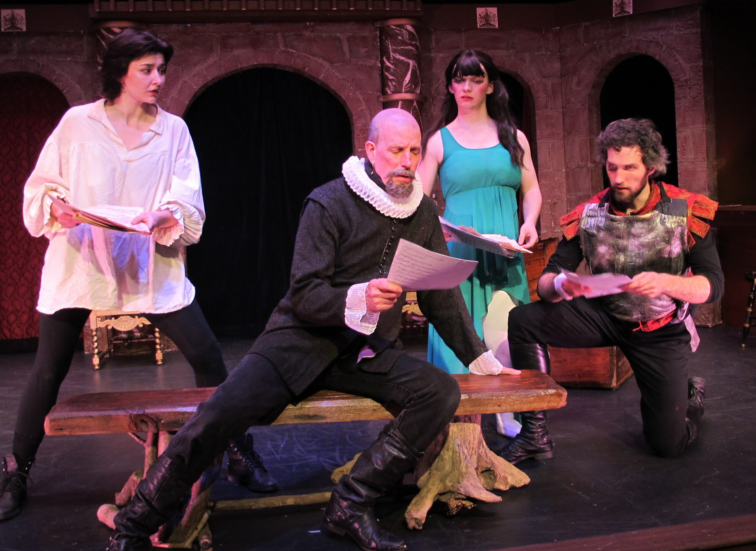 From Left: Em Whitworth as Rosemary Bassanio, Steven Patterson as William Shakespeare, Jack Rento as Julian Crosse, and Andrew Goehring as Henry Worthy in the world premiere of Eric Hissom's RUDE MECHANICS at Bridge Street Theatre in Catskill. Photo: John Sowle