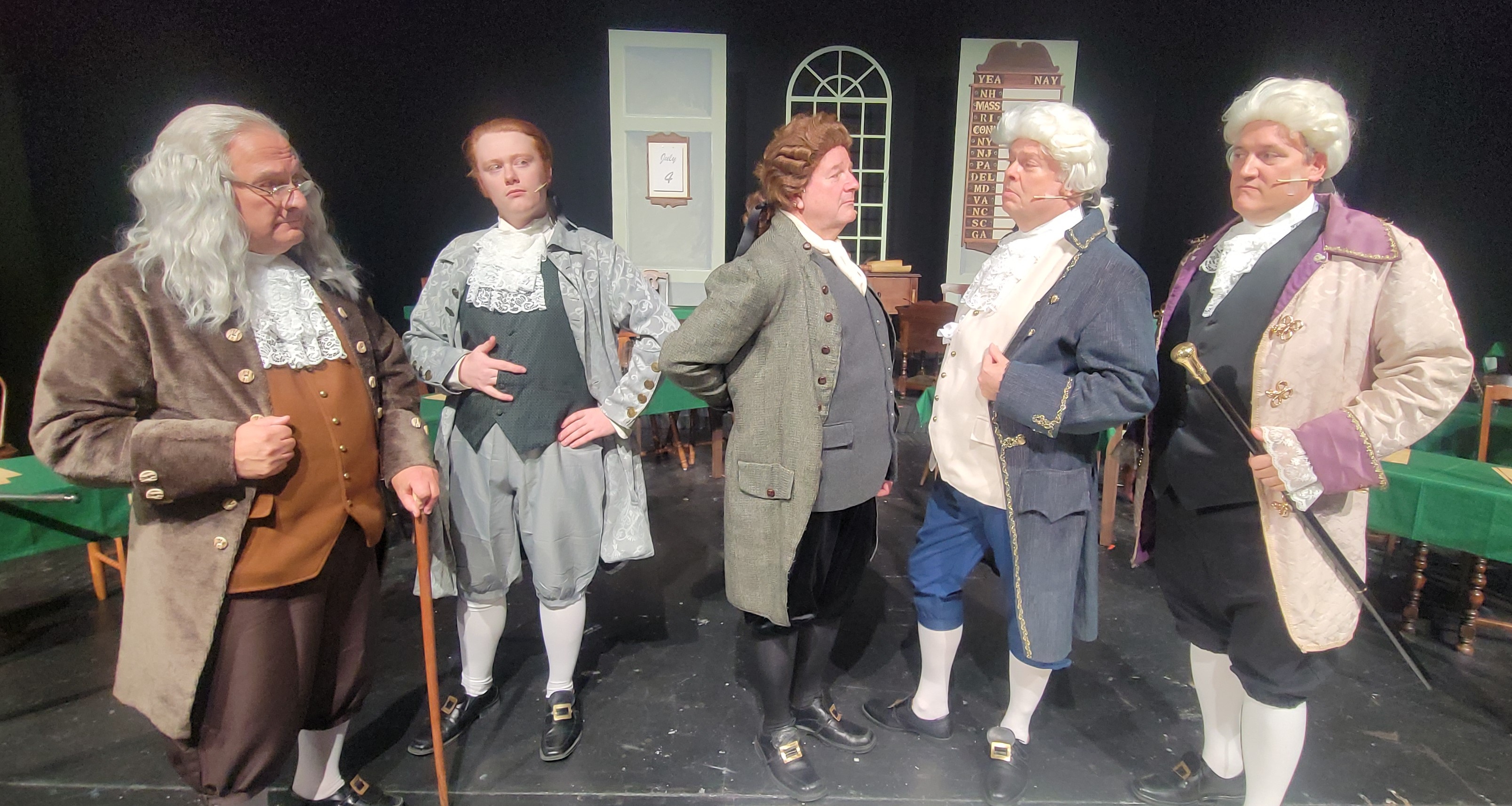 Pictured here from left in a scene from CLT''s production of ''1776'' are Roger Philippon (Ben Franklin), Grayson Smith (Thomas Jefferson), Mark Dils (John Adams), John Blanchette (John Dickinson), and G