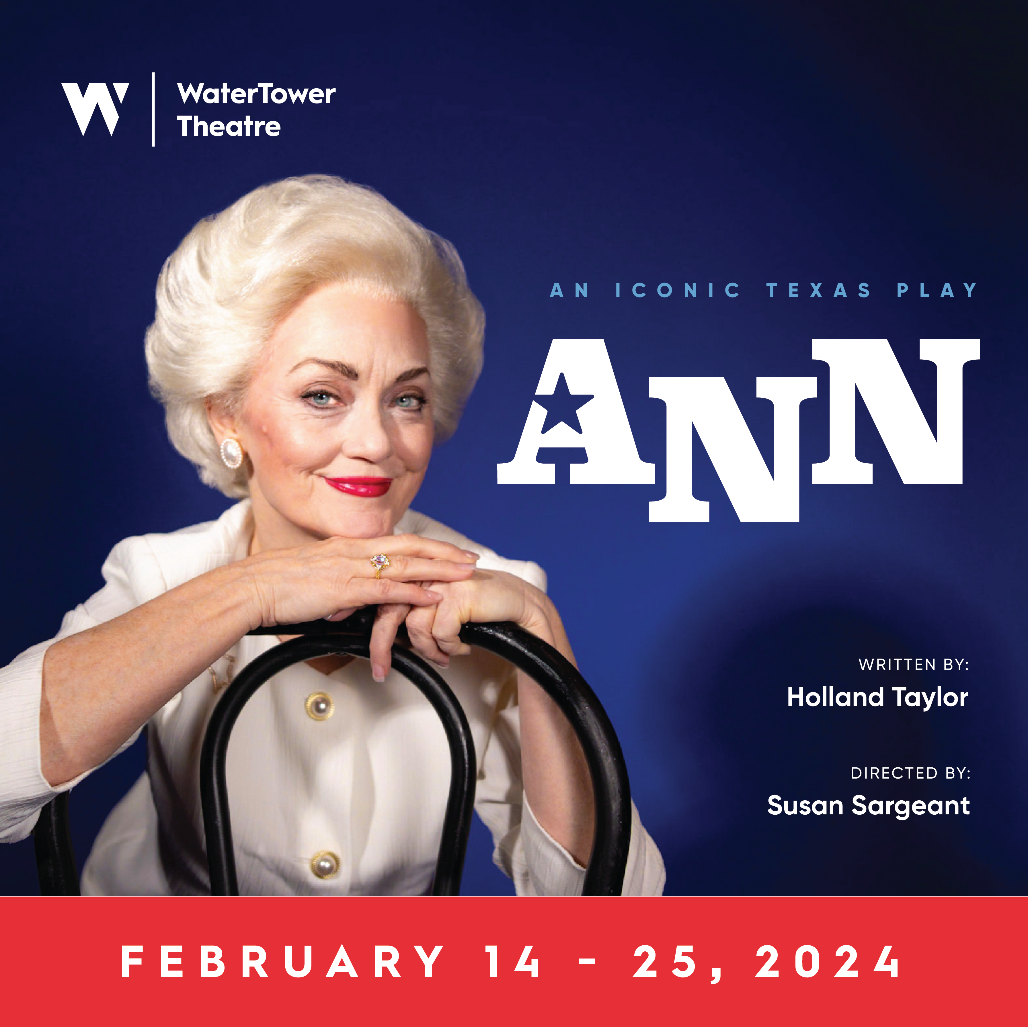 Morgana Shaw stars as Governor Ann Richards in ANN by Holland Taylor at WaterTower Theatre  Photo by Paris Marie Productions