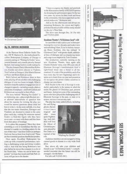 A Masterful Godot Review: Dec. 13, 2001 Austin Weekly News notice of Director Darryl Maximilian Robinson as Vladimir and cast of Waiting For Godot at Harrison Street Galleries Studio Theatre.