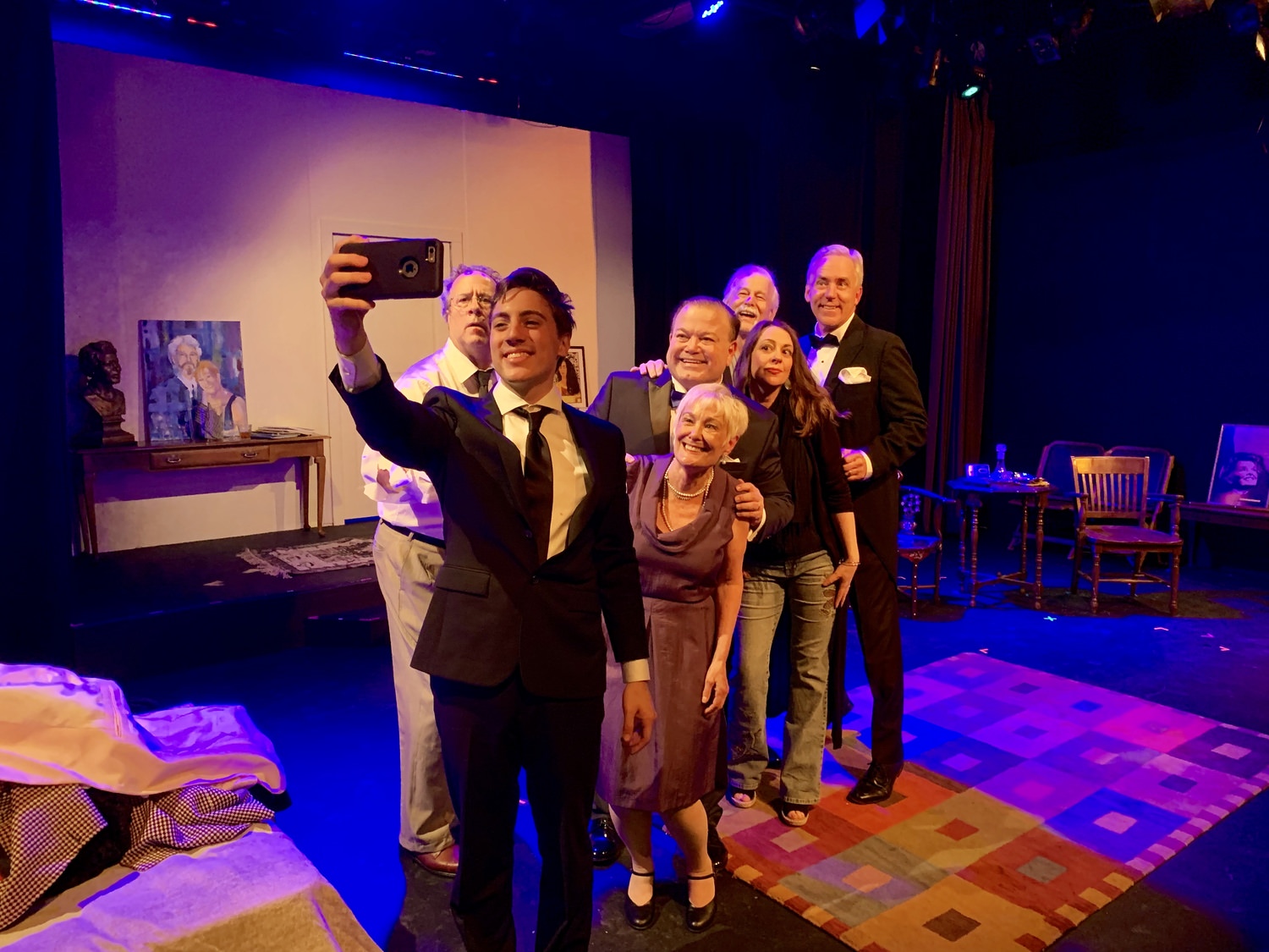 ?Let?s take a selfie first!? Gus takes a group Selfie of the creative team eagerly awaiting the New York Times review of Peter Austin?s new play ?The Golden Egg? in Terrence McNally?s Broadway Hit Play IT?S ONLY A PLAY. Cast includes Scott Terry, Nick McLean, Cathryn Collopy O'Donnell, John Richard Petersen, Phil Parker, Catherine Sadlier and Eric Dunn 