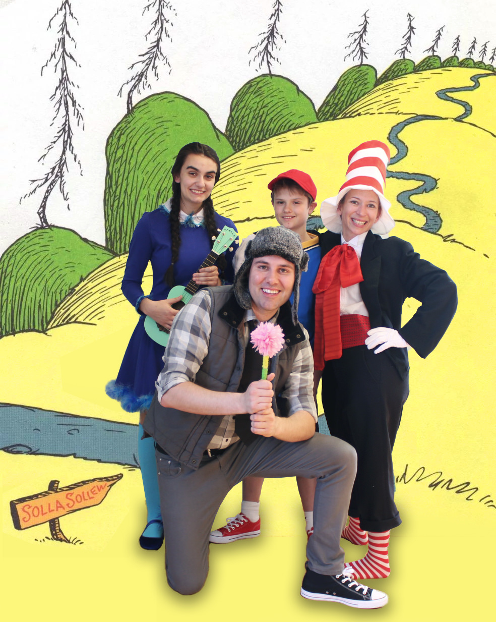 Your cast of Seussical includes (Pictured Left to Right): Emily Goulette as Gertrude McFuzz; Adam P. Blais as Horton the Elephant; Andrew Lyndaker as Jojo; and Rebecca Singer as The Cat in the Hat! 