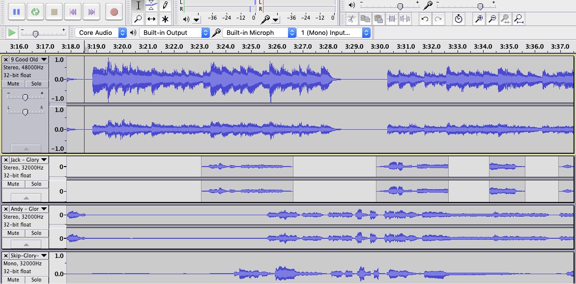 Putting It Together
The final step was editing all of the recordings together to create a finished product. This entailed carefully combing the takes to find the ones with the right intentions, the clearest sounds, and the best pitches that would work together to tell this story, and then splicing, deleting, and cleaning them up using Audacity as a sound editing software. The result was Glory Days - A Musical Audio Drama! Enjoy!