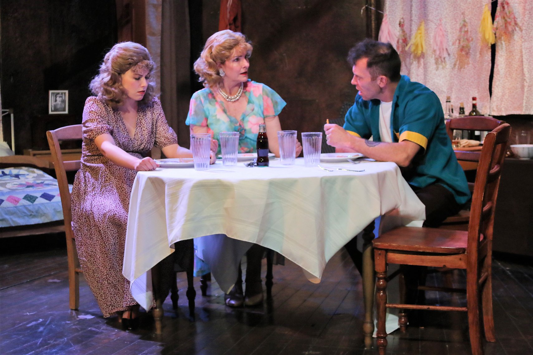 From left to right: Jessica Kochu as Stella Kowalski; Susannah Hough as Blanche Dubois; Aaron Pyle as Stanley Kowalski. Photo credit: DawnEllen Ferry.