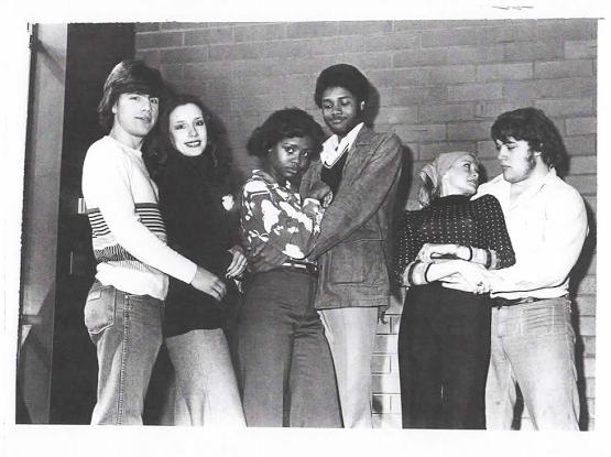 THE STARS OF A HIGH SCHOOL MUSICAL...FOR REAL!: Talented young actors MARK GIZEL as NATHAN DETROIT, KATHY KLAGES as MISS ADELAIDE, Future 1993 Broadway Best Featured Actress In A Musical Tony Award Winner TONYA PINKINS as MISS ADELAIDE, Future 1997 Chicago Joseph Jefferson Citation Outstanding Actor In A Principal Role In A Play Award Winner DARRYL MAXIMILIAN ROBINSON as NATHAN DETROIT, KAREN CORBOY as MISS ADELAIDE and JEFF SEFTON as NATHAN DETROIT all pose for a REHEARSAL PUBLICITY PHOTO for THE 1977 CHICAGOLAND HIGH SCHOOL THEATRICAL TROUPE multicultural all-student cast revival production of FRANK LOESSER'S 