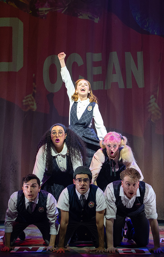 (top row) Shinah Hey (Ocean O’Connell Rosenberg), (second row) Gabrielle Dominique (Constance Blackwood), Ashlyn Maddox (Jane Doe), (bottom row) Nick Martinez (Noel Gruber), Matthew Boyd Snyder (Ricky Potts), and Eli Mayer (Mischa Bachinski) in Ride the Cyclone running January 13 through February 19 at Arena Stage at the Mead Center for American Theater. Photo by Margot Schulman.
