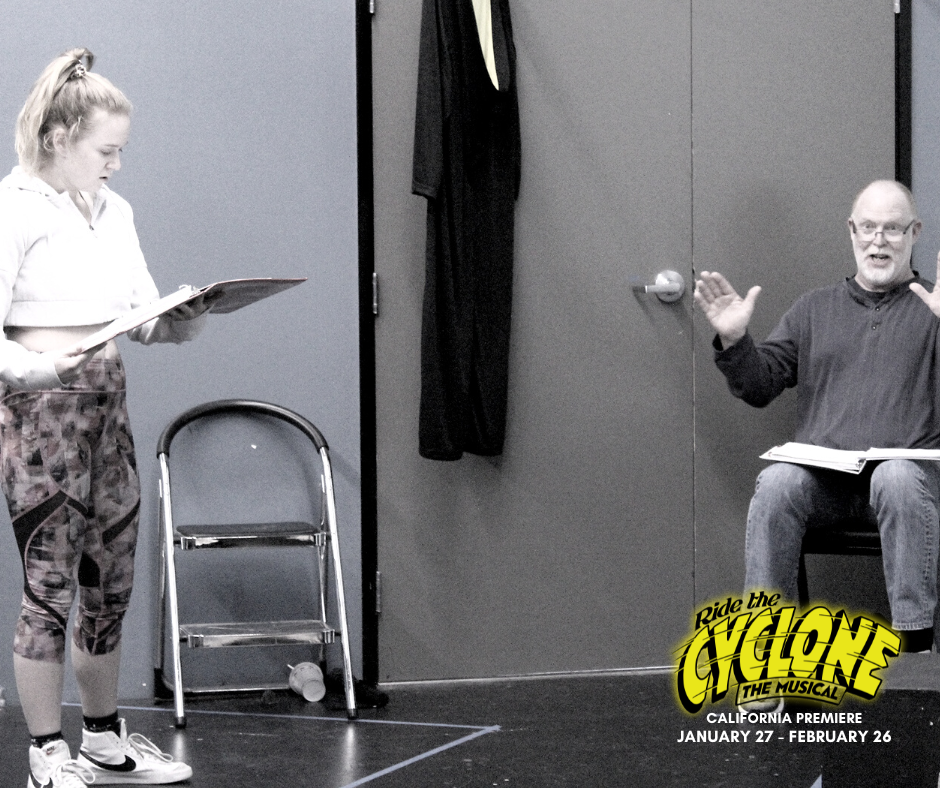 Haley Wolff as Ocean O'Connell Rosenberg and Robert Foran as The Amazing Karnak in rehearsal for the California premiere of 
