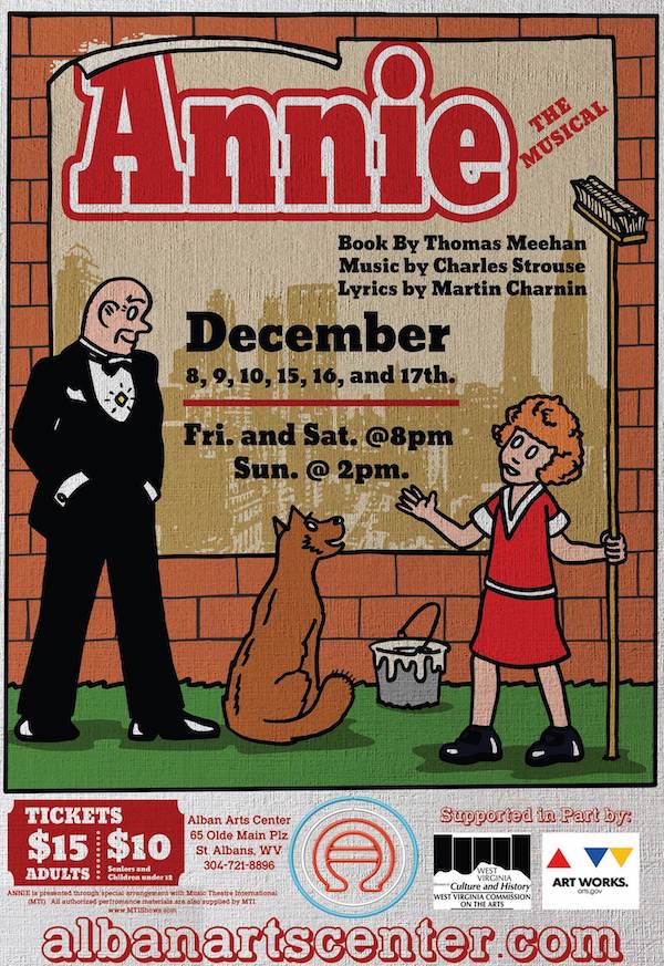 The Annie poster for the Alban Arts Center’s production of Annie the Musical.