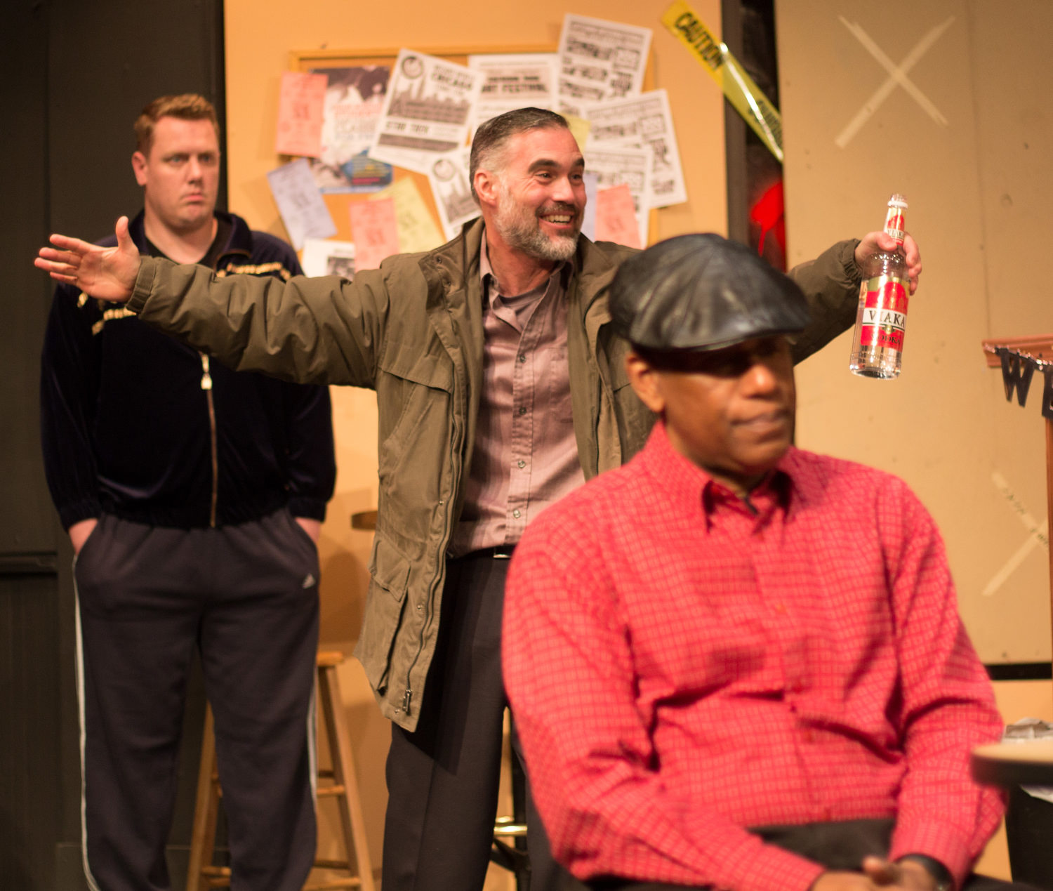 Dan Heinz (Kiril), Addison Parker (Max), and Dennis Jackson (Officer James Bailey) in SUPERIOR DONUTS at Olathe Civic Theatre Assocation. Photo by Shelly Stewart Banks.