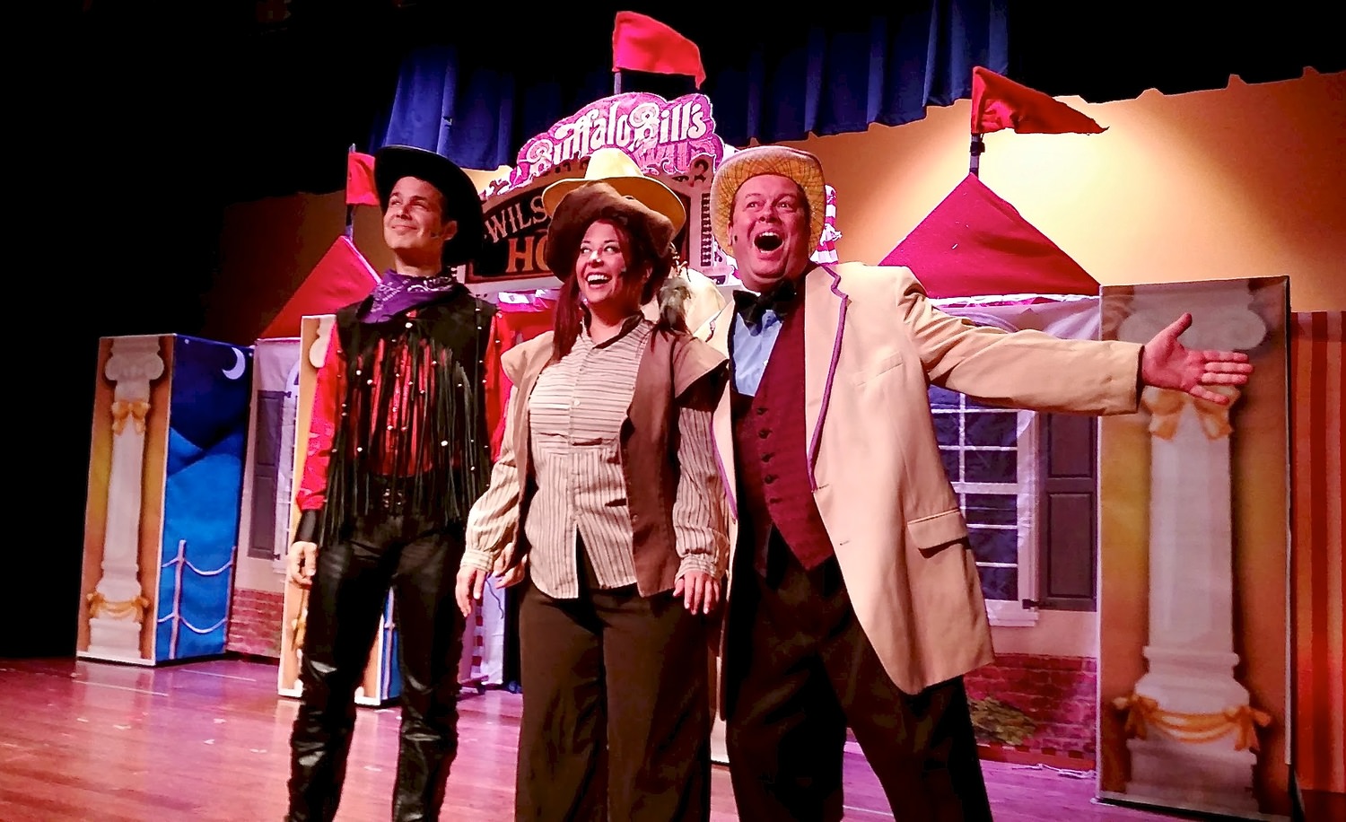 James Skiba as Frank Butler, Jordana Forrest as Annie Oakley and Larry Bressler as Charlie Davenport in the Curtain Call Playhouse production of Annie Get Your Gun. Directed by Geoffrey Short. Photo by Cindy Parette.