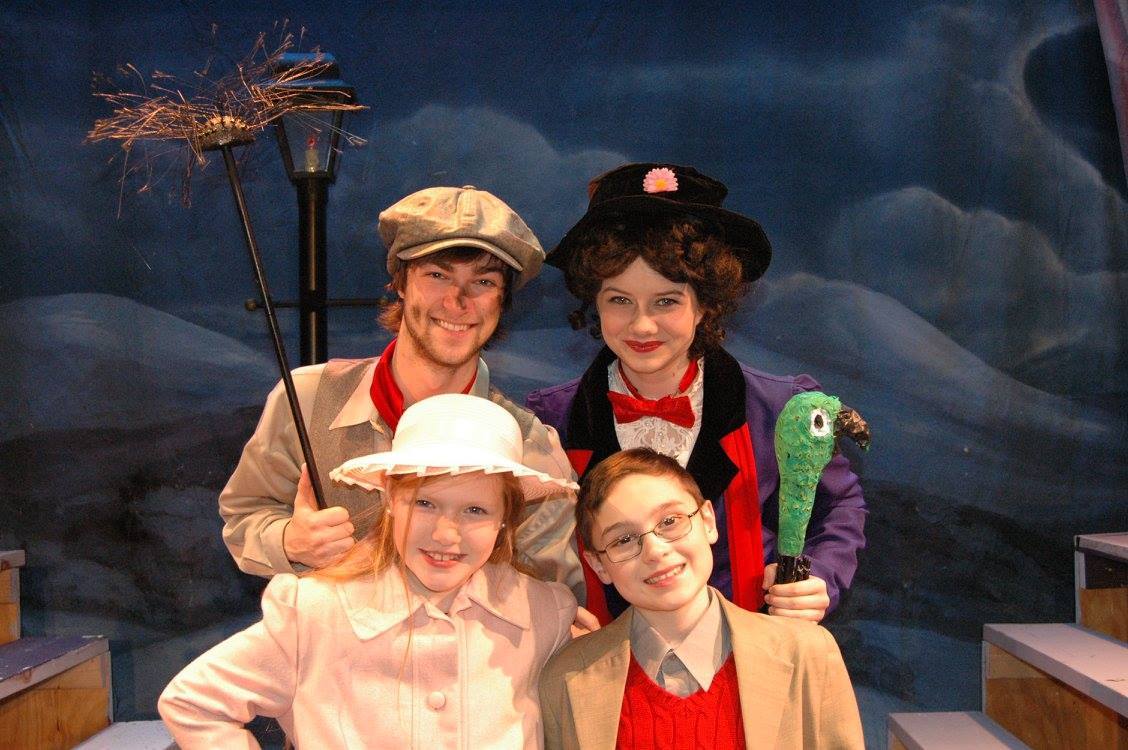 Clockwise from top right, leading roles are performed by Allison Elkins (Mary Poppins), Andrew Ekker (son Michael), Madeleine Robbe (daughter Jane) and Evan Suitts (Mary’s charming friend, Bert).