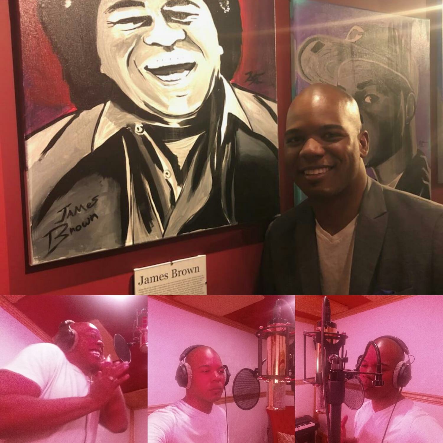 Dedrick Weathersby pose's with a James Brown pivcture in the studio where it all happened.