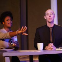 Taylor Raye (Cindy) and John Arthur Lewis (Troy) in Organic Theater’s production of Tiresias Was A Weatherman, directed by Josh Anderson, associate director Anna Gelman, May 31 – July 6, 2018. Photo by Anna Gelman. Taylor Raye (Cindy) and John Arthur Lewis (Troy) in Organic Theater’s production of Tiresias Was A Weatherman, directed by Josh Anderson, associate director Anna Gelman, May 31 – July 6, 2018. Photo by Anna Gelman.