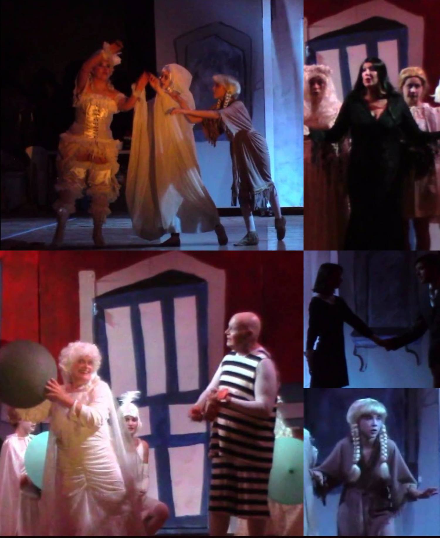 Clockwise from Upper Left:
1. Melony Floyd (the Courtesan), Hannah Kindstrom (Ophelia), and Courtney Benedict (Native American)
2. Kayla Smith (the Bride), Lee Anne Jackson (Morticia), and Cate Jackson (the Warrior Princess)
3. Olivia Wolfe (Wednesday) and John-Carl Laidler (Lucas)
4. Courtney Benedict (the Native American)
5. Sue Howe (The Moon) and Bill Simpson (Uncle Fester)