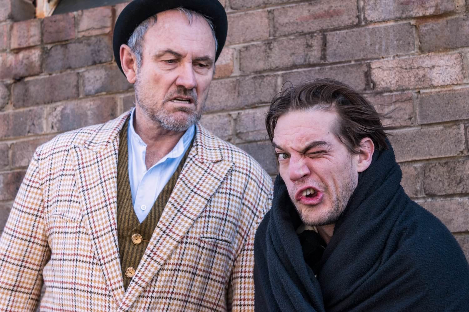 William Jordan (Left) as Ross (Merrick's nasty manager) who steals from Merrick and
sends him back to London. Harley Connor (Right) plays John Merrick. Photo by Emma Wright.