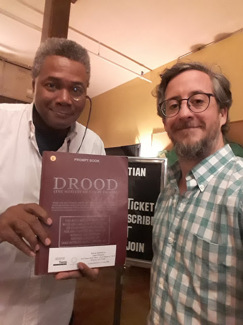 Do You 'Drood'?: Actor Darryl Maximilian Robinson who appeared as The Chairman Mr. William Cartwright and Mayor Thomas Sapsea and Actor Eric S. Prahl who appeared as Durdles and Mr. Nick Cricker prepare to rehearse their roles in the 2018 Saint Sebastian Players of Chicago revival of Rupert Holmes' Tony Award-winning Best Musical Whodunit 'The Mystery of Edwin Drood'. Photo by Mr. Prahl.