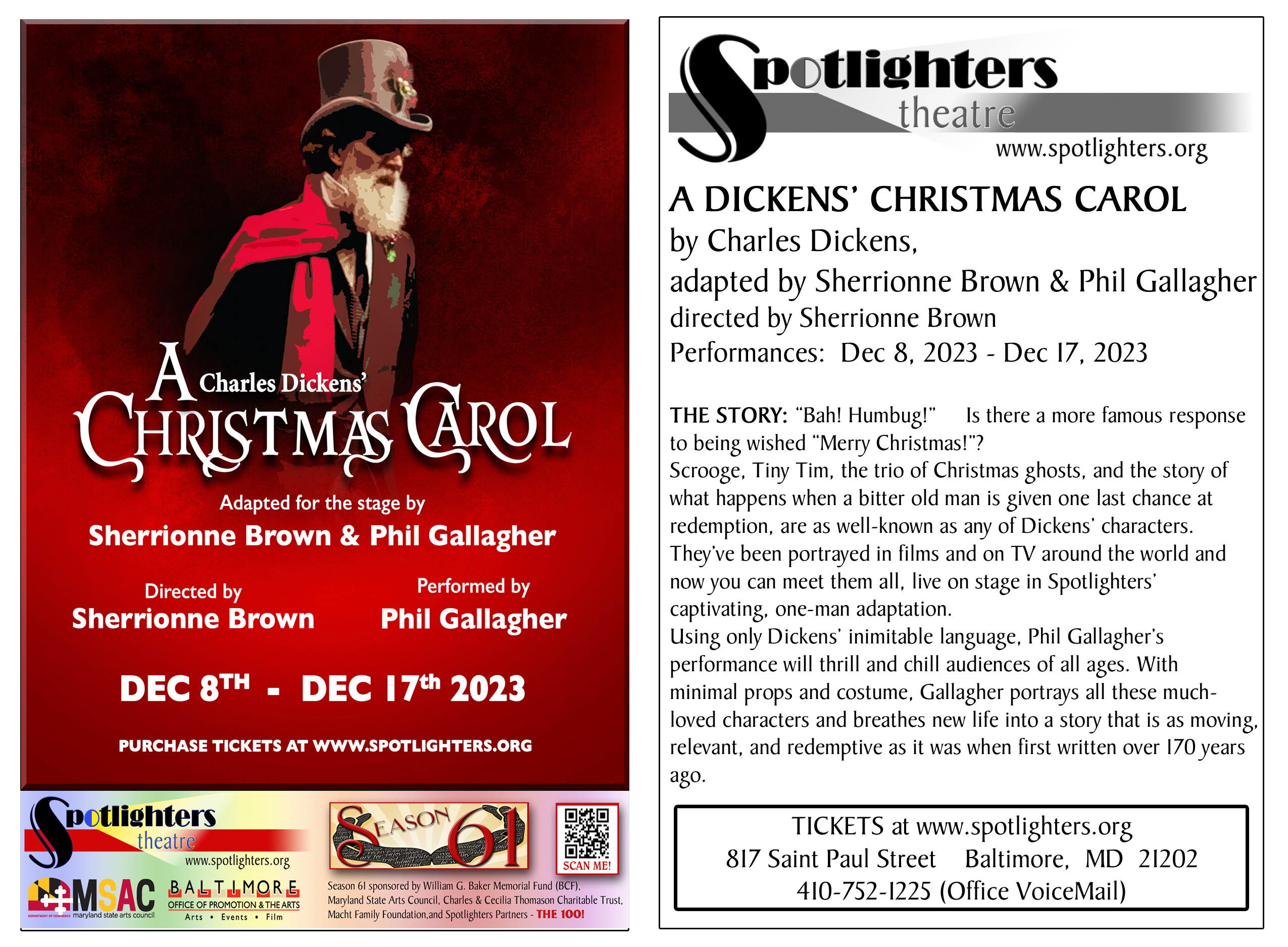 A Dickens'' Christmas Carol Dec 8 - 17, 2023 SEVEN Performances www.spotlighters.org/christmascarol