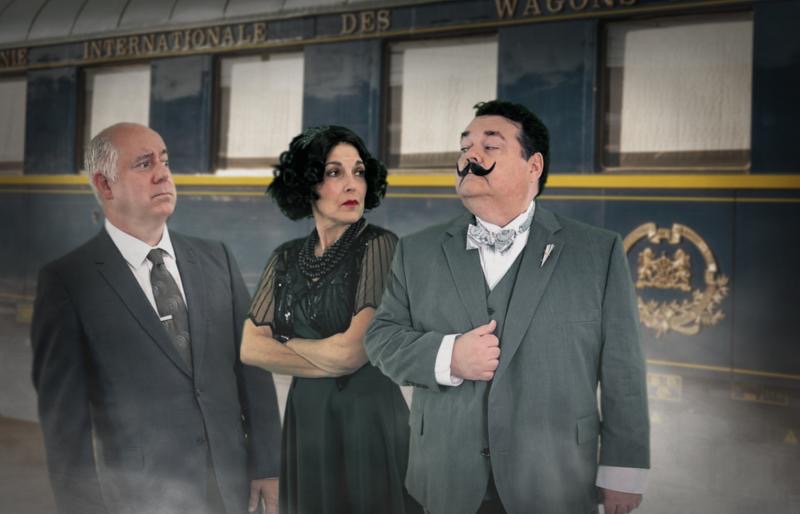 Second Street Players cast members rehearsing a scene from “Murder on the Orient Express” are (l-r) Steven Perry as Monsieur Bouc, Jill Lewandowski as Helen Hubbard and John H. Hulse as Hercule Poirot. 