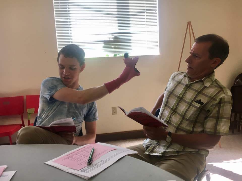 First sneak peak at rehearsal photos for Hand To God
Caleb Sohigian (Jason) with puppet Tyrone and Mark Schwann (Pastor Greg)