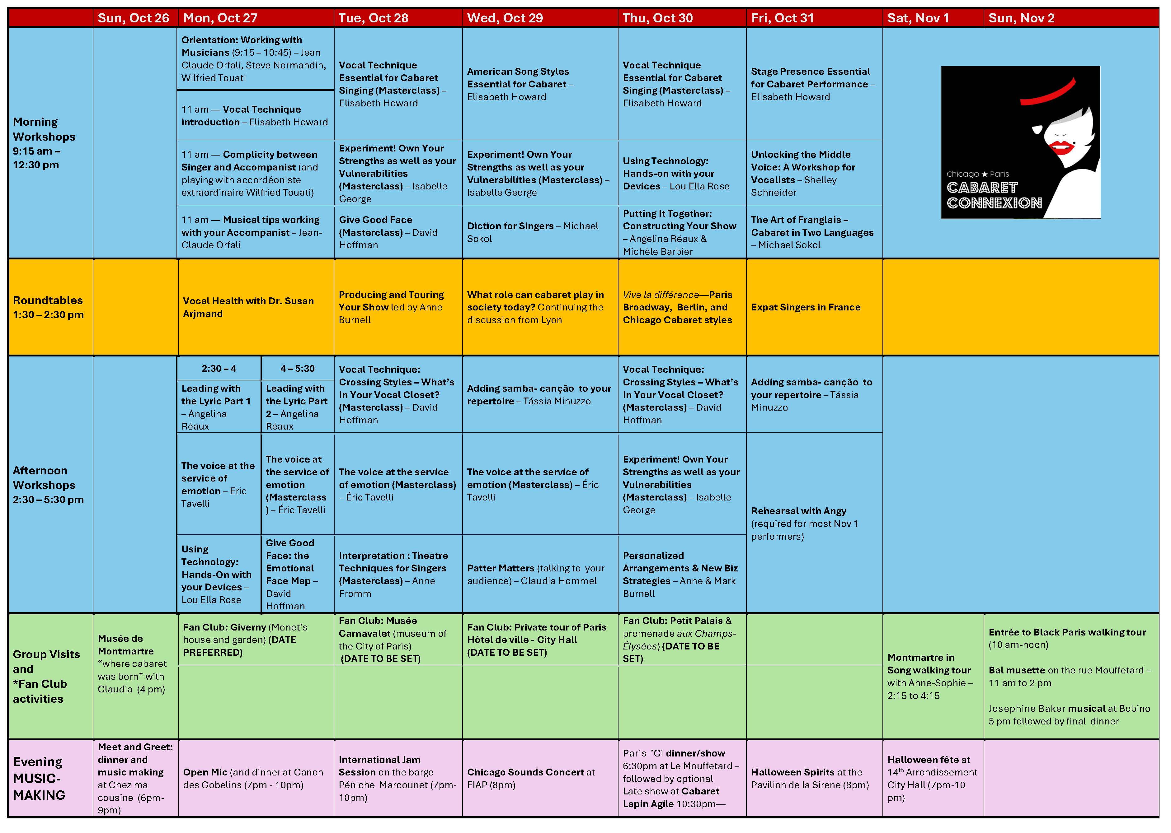 Conference Schedule Sample for Chicago Paris Cabaret Connexion 7th annual event