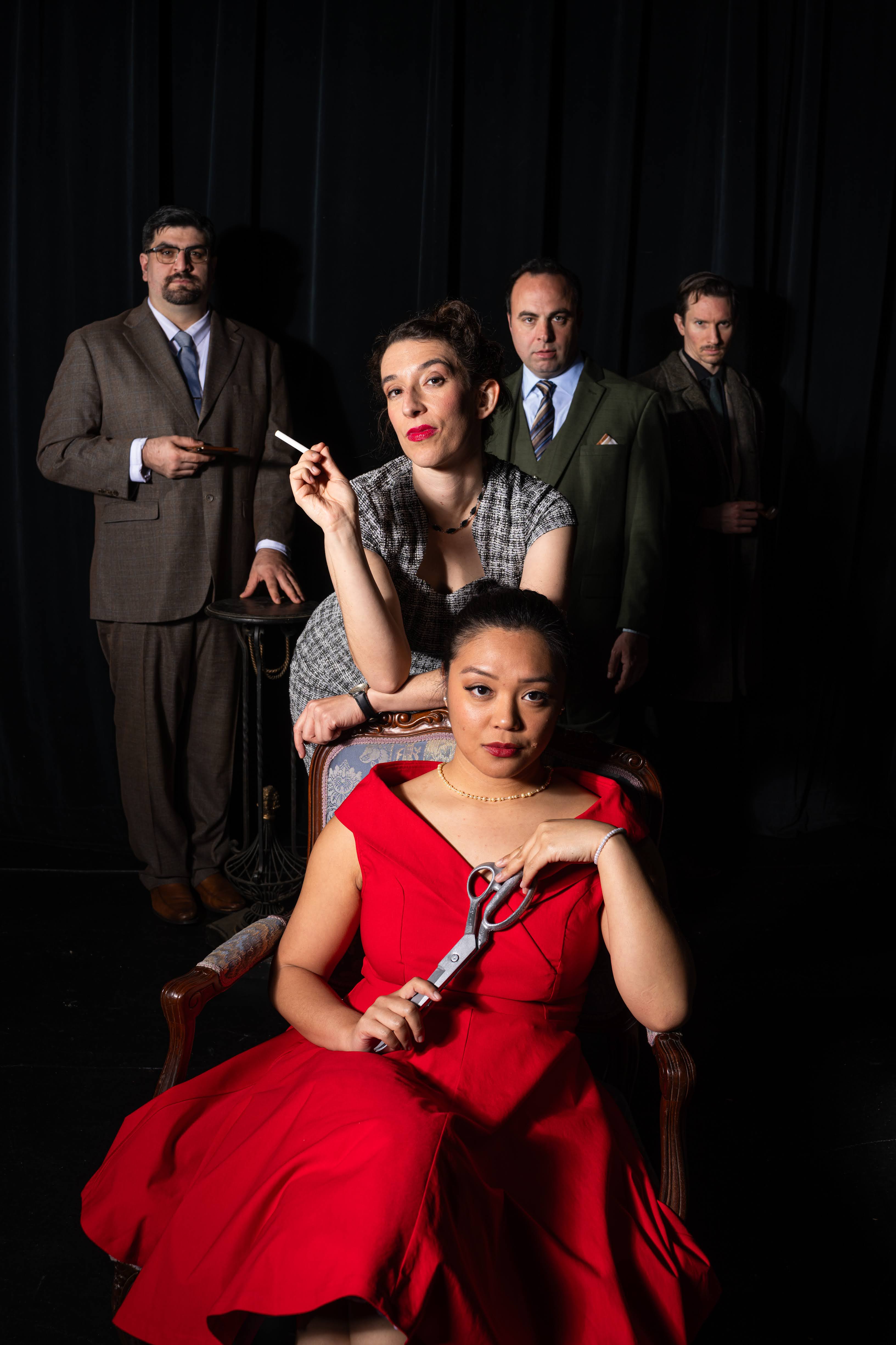 The cast of Dial M for Murder. Back row, from left: Nick Mandracchia, George Psarras (member, Actors' Equity Association) and Drew Benjamin Jones. Center: Maria Marquis. Front: Gwynnevere Cristobal. P