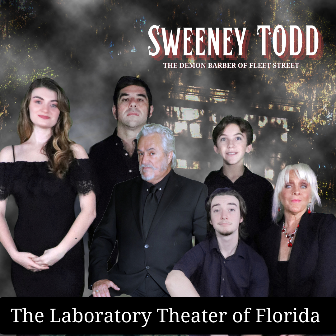 (L-R) Gabrielle Lansden (Johanna), Dave Rode (Sweeney Todd), Trace Meier (Judge Turpin), Cameron Rogers (Anthony), River Reed (Tobias), and MaryAnne McKerrow (Mrs. Lovett). Image provided by Sisk Media. 