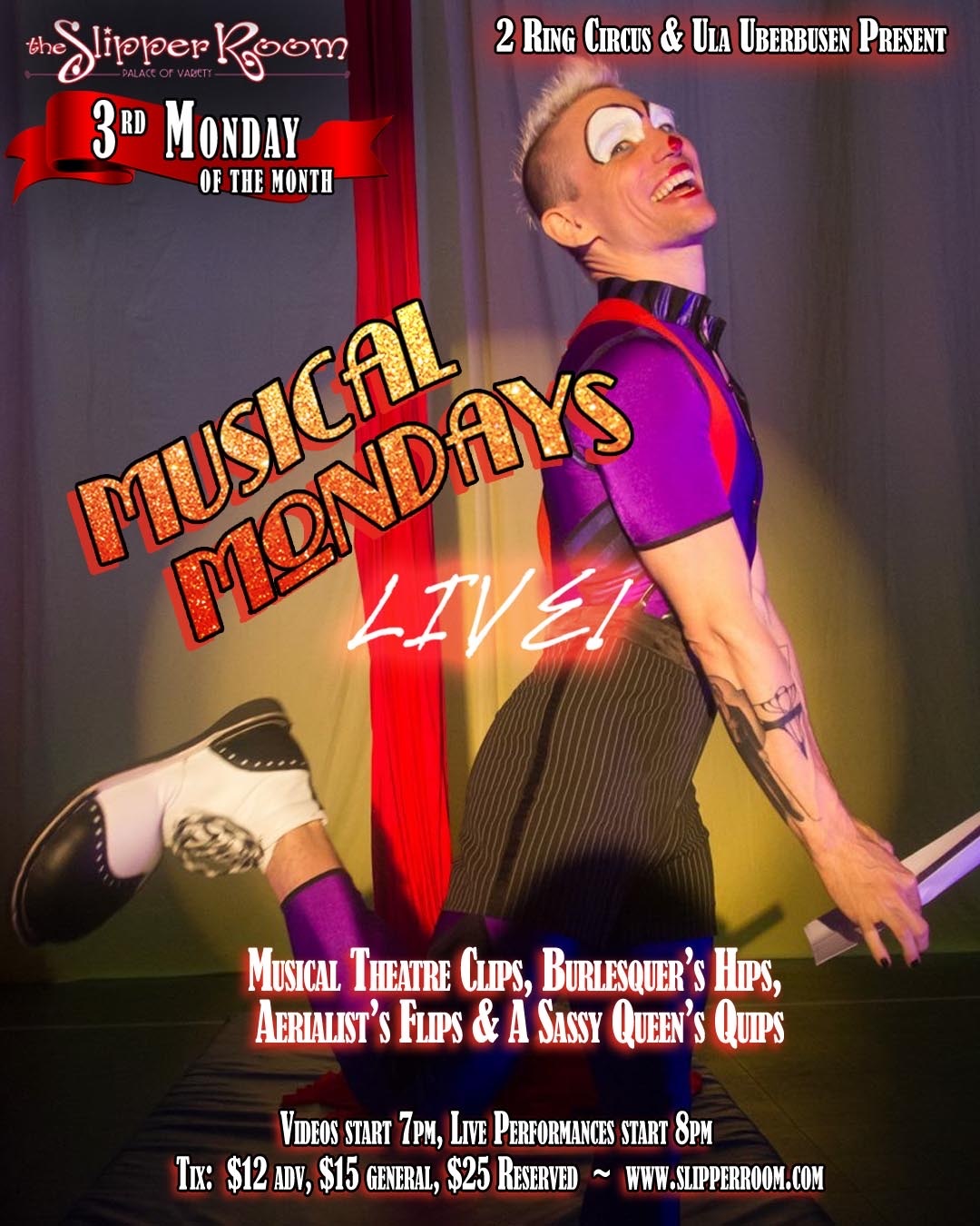 Co-creator of Musical Mondays: Live!, Joshua Dean is an award-winning aerialist & burlesquer. ??? Come see him on February 18th at the Slipper Room - and you just might get a glimpse of his alter-ego #JojoTheClown! ??????? Videos at 7pm, Live Show at 8pm. ? Slipperroom(dot)com ??? #musicalmondayslive is presented by @ulauberbusen & @2ringcircus and continues on the 3rd Monday of the month at the @slipperroomnyc. The February 18 edition features performances by @eve.starr @iambenfranklin @aerialjosh @ulauberbusen @mr.jackbarrow & @_theivoryfox_ ??? #musicalmondays #live #burlesque #boylesque #nycburlesque #cabaret #dragqueen #nycdrag #nycnightlife #burlesqueshow #singalong #broadway #musicaltheatre #showtunes #2ringcircus #nyc #circus #aerial #thingstodonyc #mondaynight #slipperroom #slipperroomnyc #liveentertainment