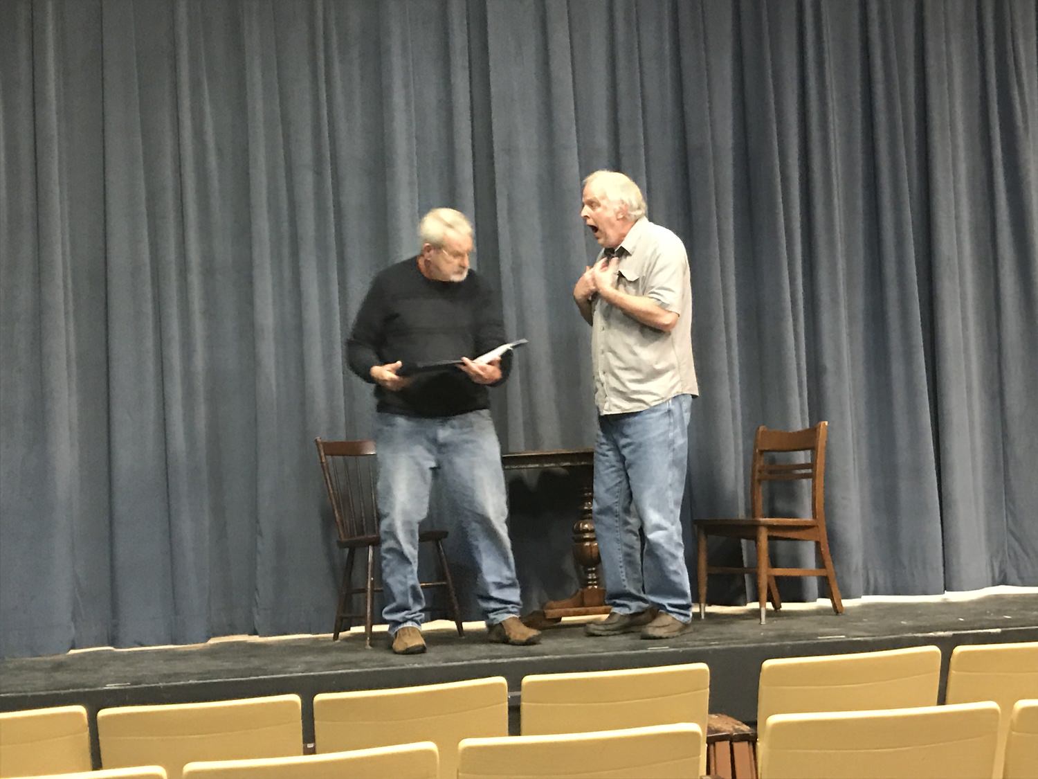 Chuck Rafferty, of Laurel, DE, as Willie Clark, rehearses with John Moller, of Dover, DE, as Ben Silverman. 6