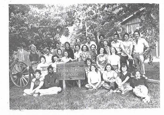 A GATHERING OF THE 1981 EHP SUMMER STOCK ACTING COMPANY!: Seated in the front row, second from left beside his talented fellow actor and friend T. Gregg McClain, Chicago-born and stage-trained actor and play director Darryl Maximilian Robinson takes part in A Company Photo featuring members of the cast, crew and staff of the 1981 Enchanted Hills Playhouse summer theatre in Syracuse, Indiana. 