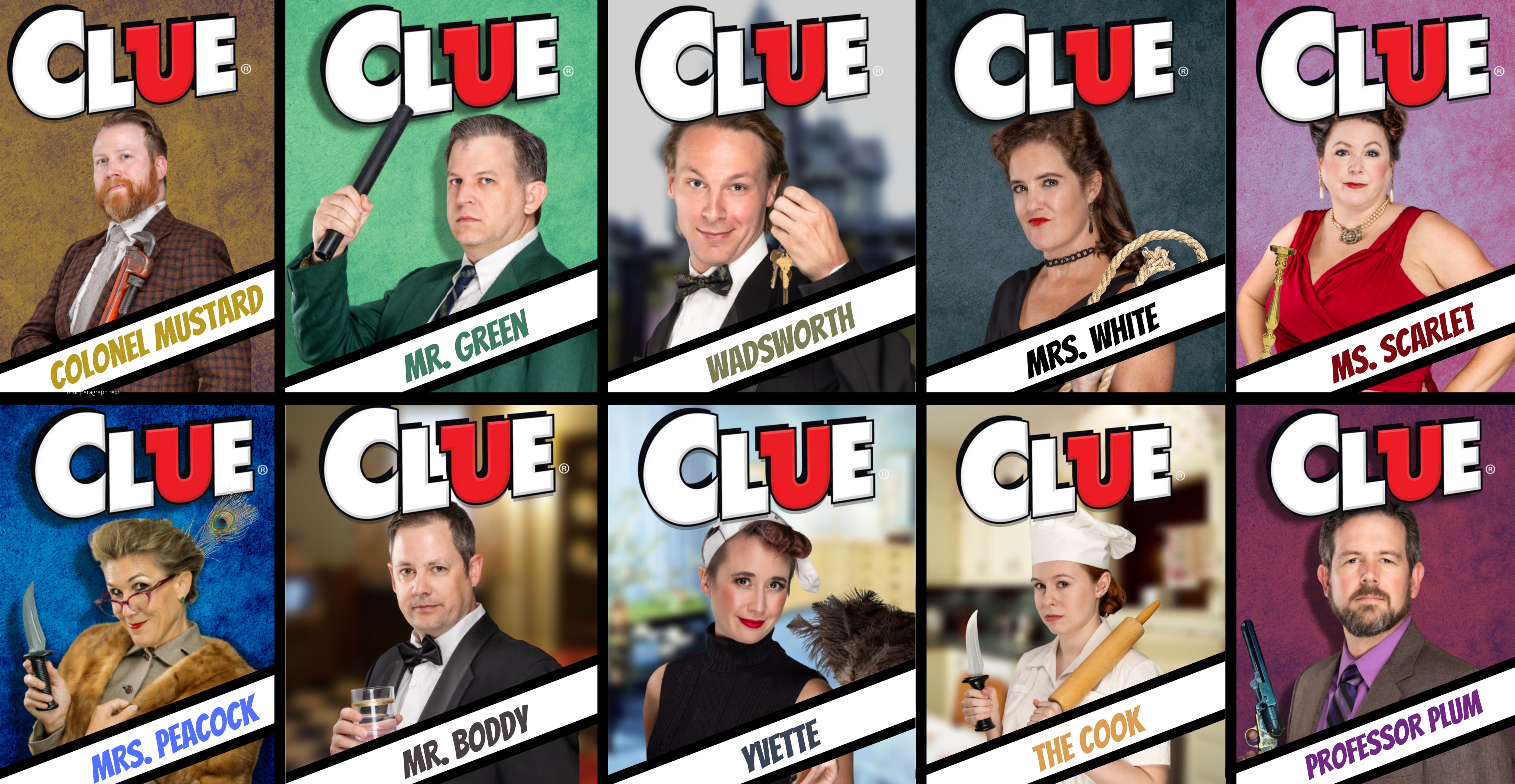 The cast of Cary Players' Clue: On Stage, presented as traditional cards from the board game.