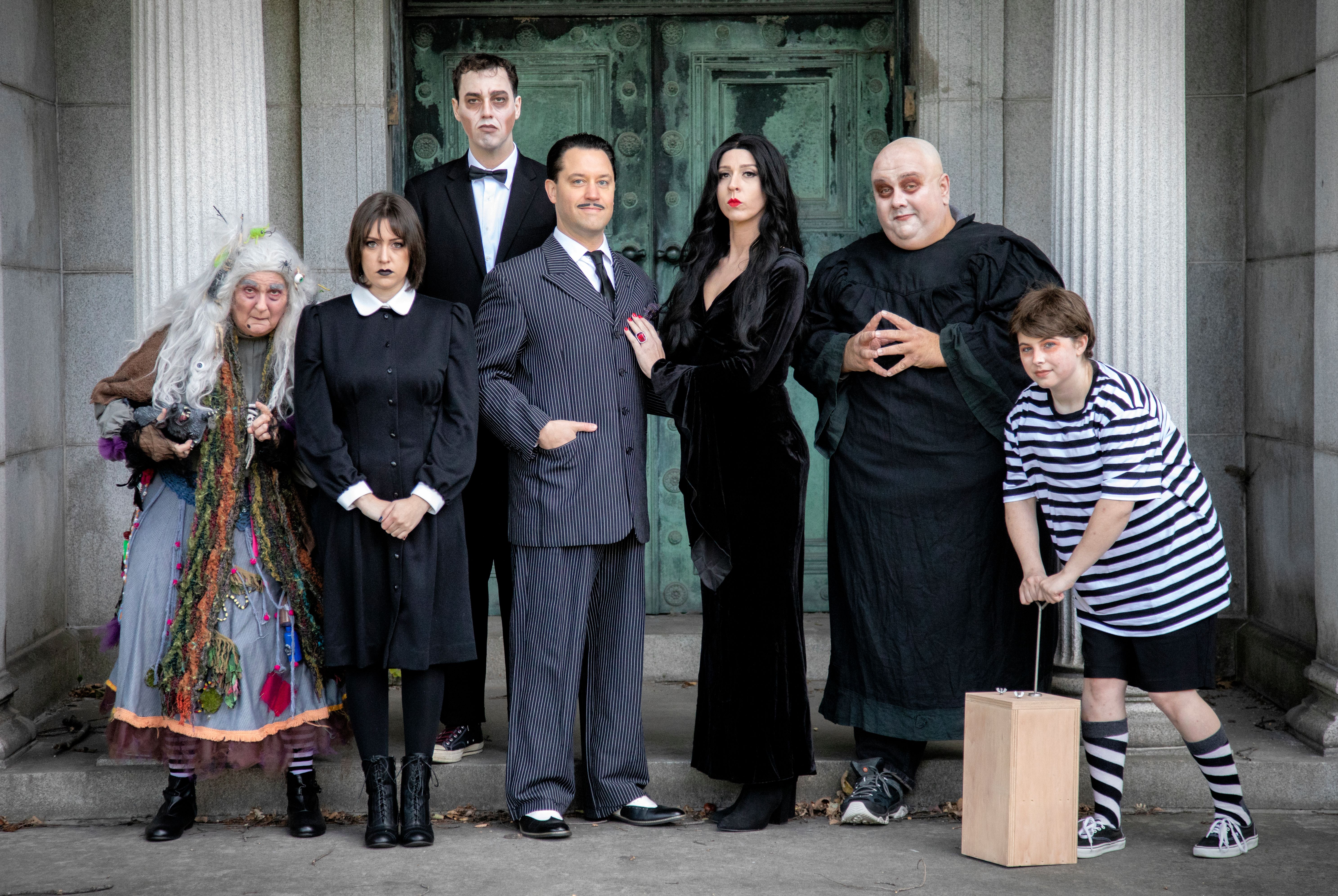 The Addams Family poses in front of their mausoleum. Photo credit: Paul Manoian