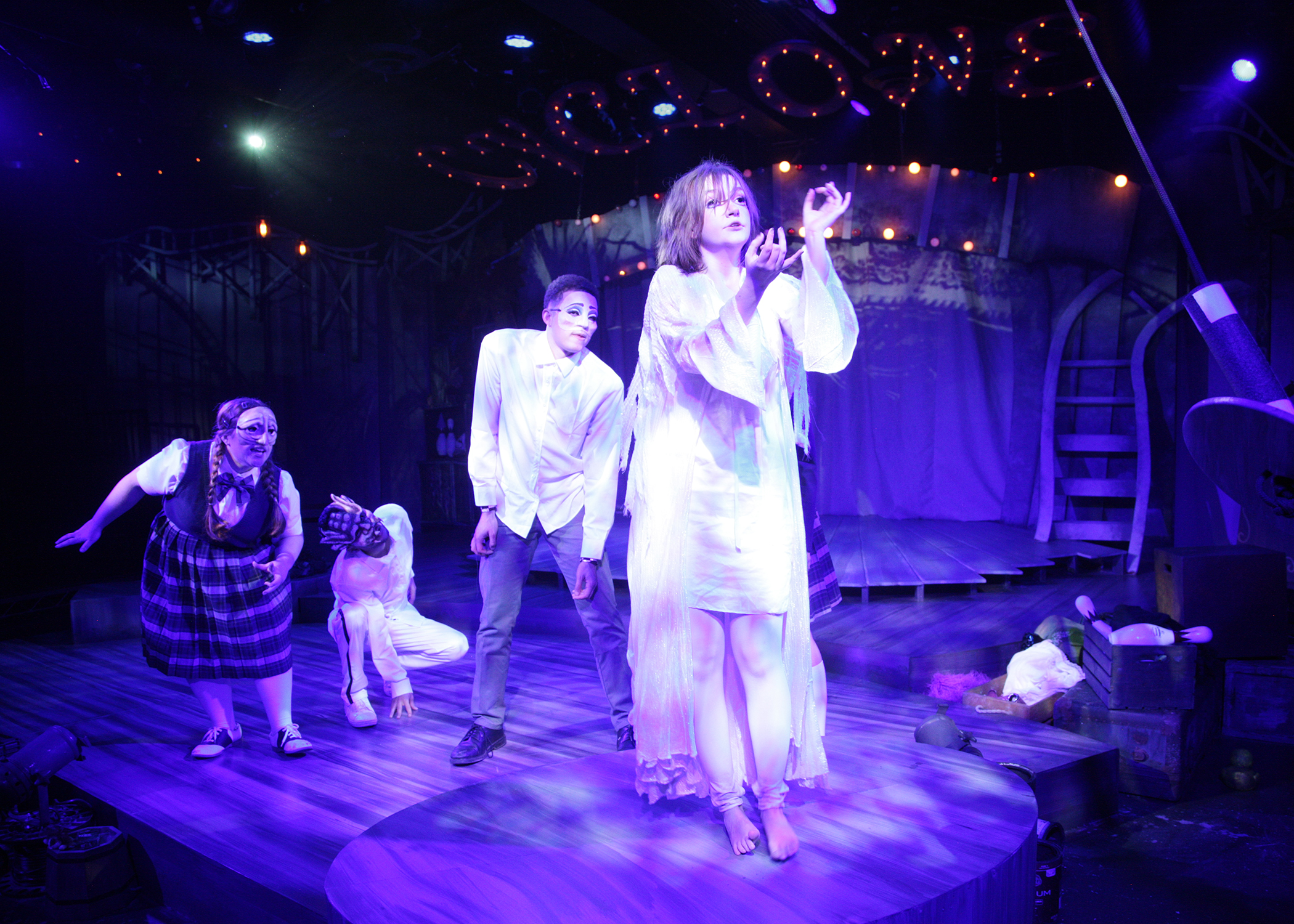 Rose Pell, Jared Machado, Jaylen Baham, and Em Flosi as Jane Doe in Chance Theater's California premiere production of 