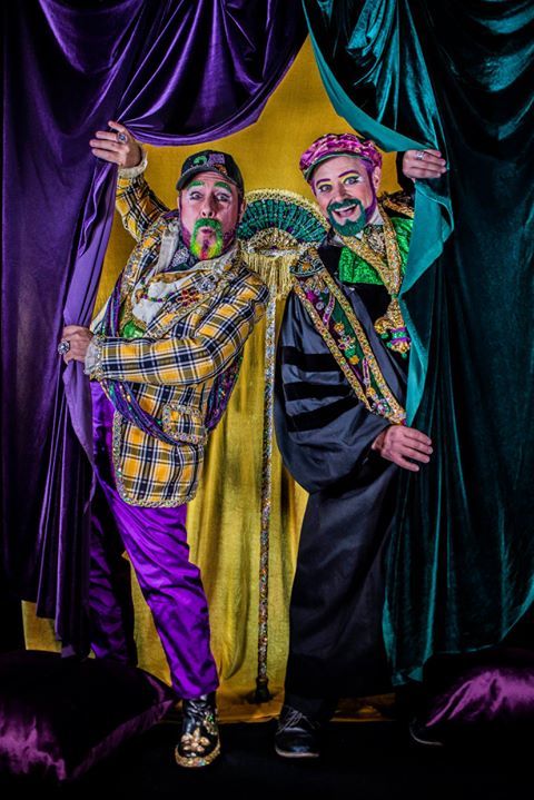 Professor Carl Nivale (Vatican Lokey) welcomes Grand Marshal Marty Graw (Edward R. Cox) to join the Carnival Festivities during The Professor Carl Nivale Show.  Photo by Roy Guste.