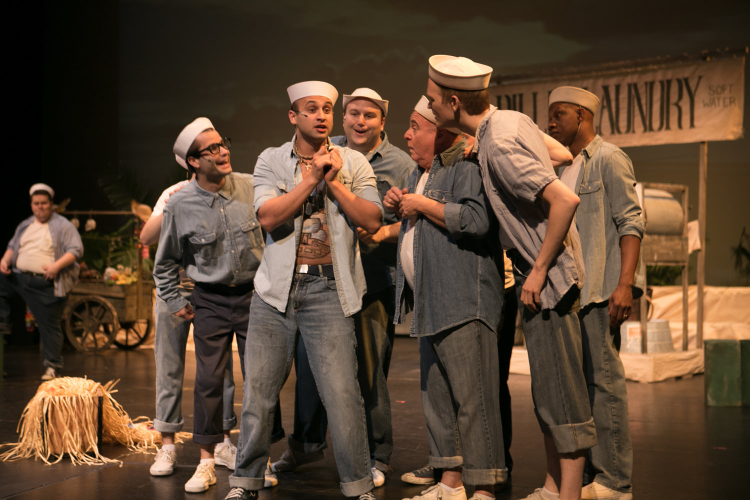 Kevin Barreca as Luther Billis and seabees (Photo by Burdett Photography)