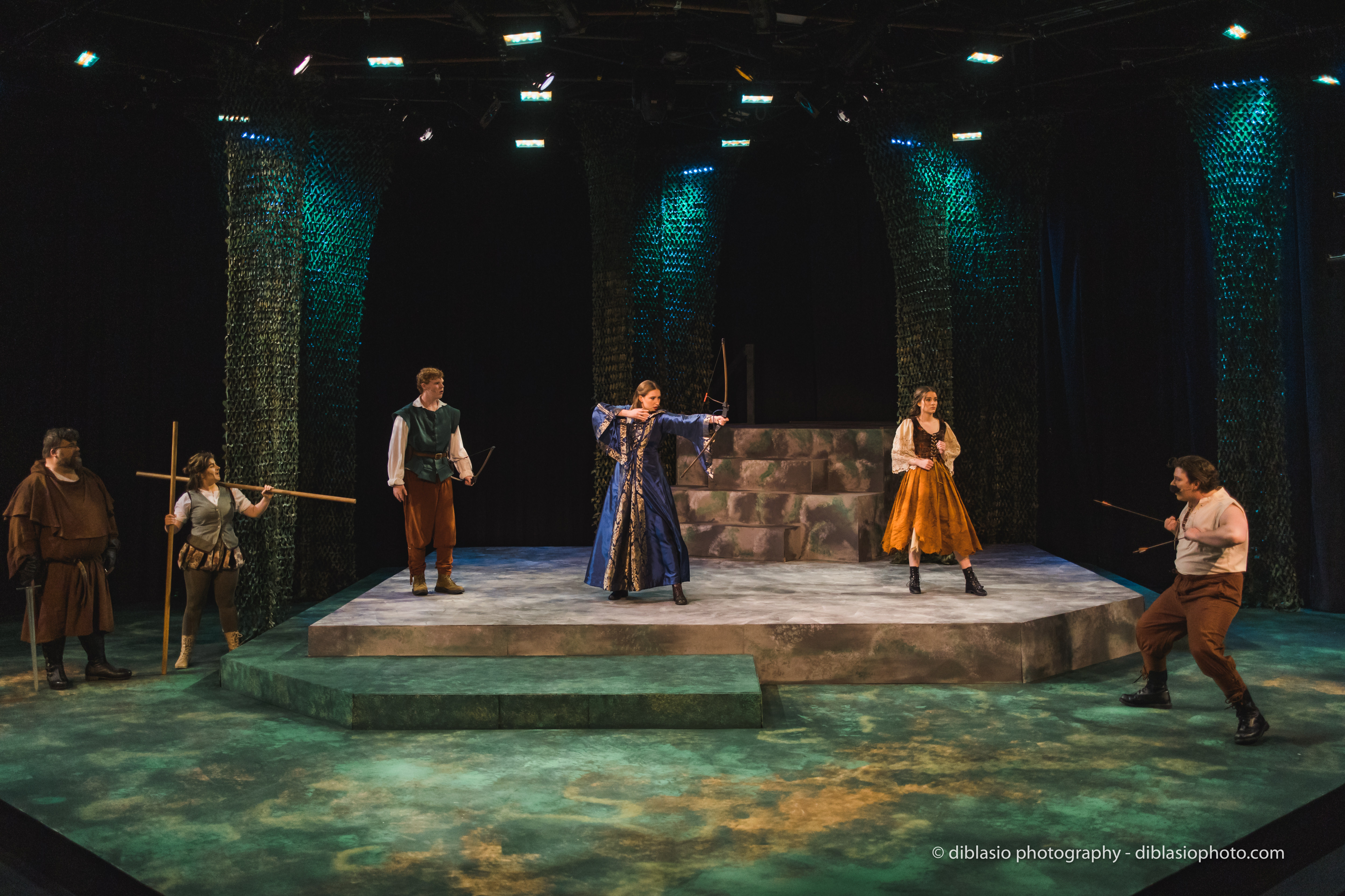 From left to right: Jason Speicher as Friar Tuck, Taylor Greny as Little John, Eddie Bell as Robin Hood, Becca Blacksten as Maid Marian, Meghan Hohman as Deorwynn, and Ben Smallwood as The Sheriff of 