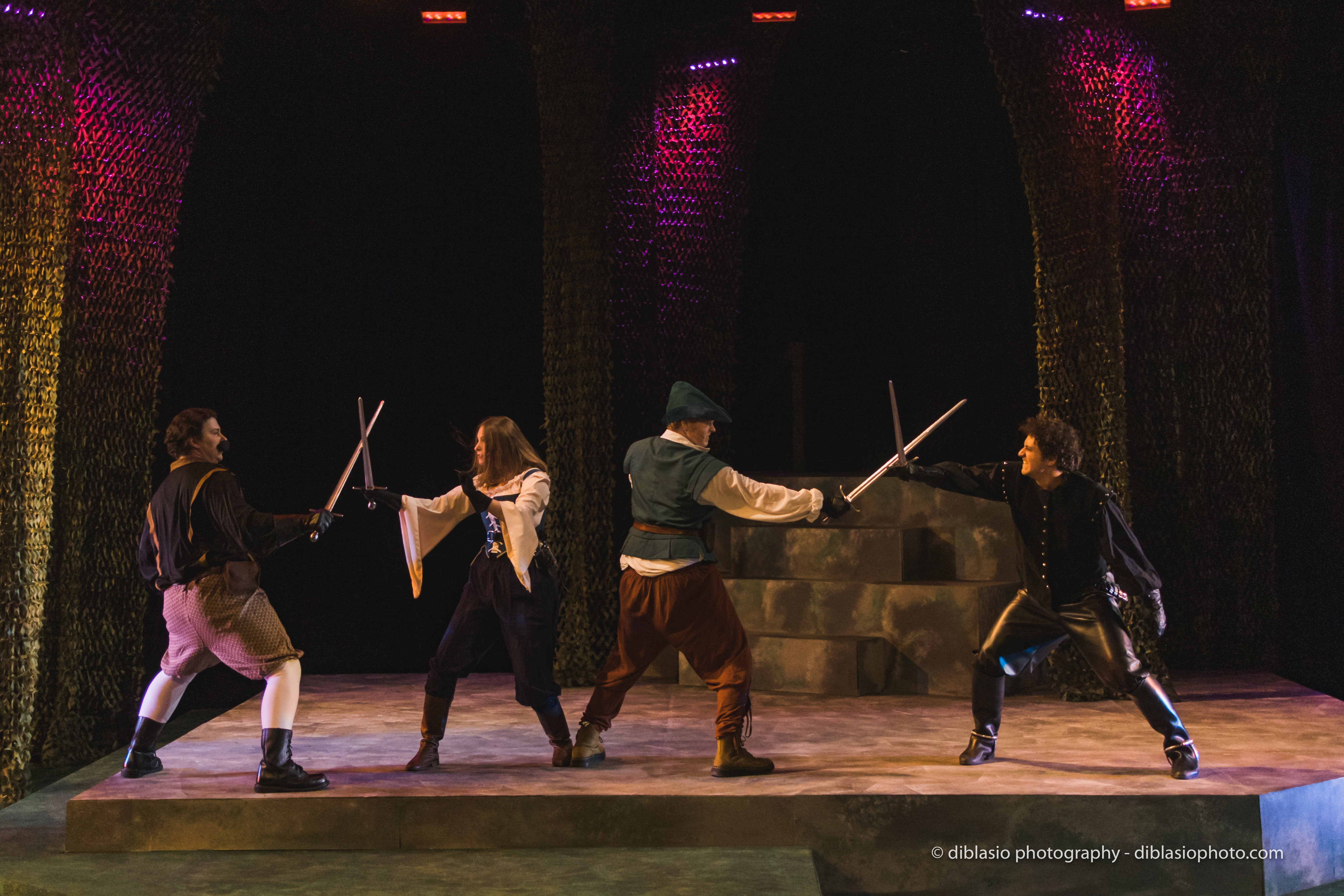 From left to right: Ben Smallwood as The Sheriff of Nottingham, Becca Blacksten as Maid Marian, Eddie Bell as Robin Hood, and Liam O Toole as Sir Guy of Gisbourne