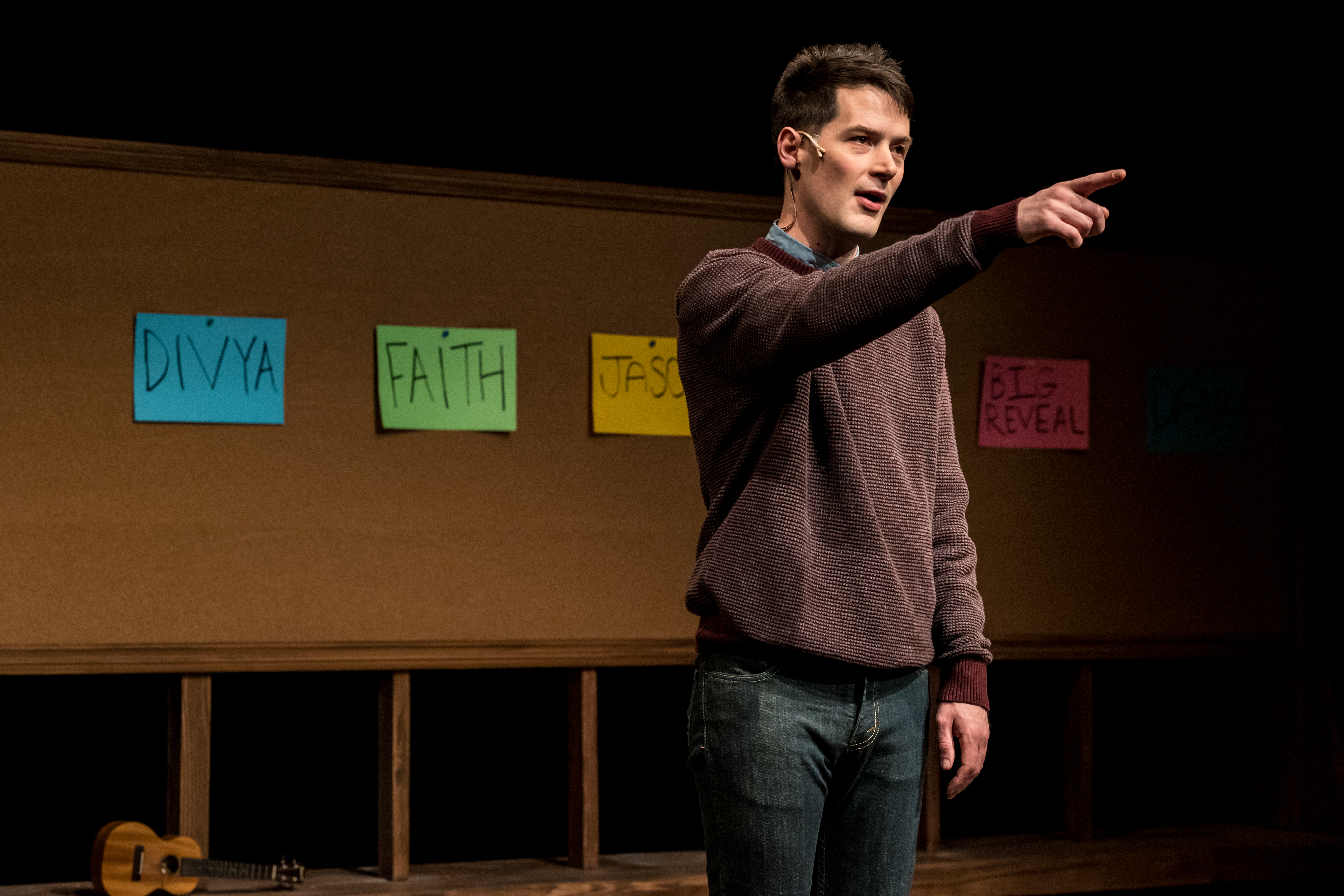 Writer-performer Milo Cramer in SCHOOL PICTURES at Theater Latt Da, running Feb 5 - Mar 2, 2025. Photo: Dan Norman. 