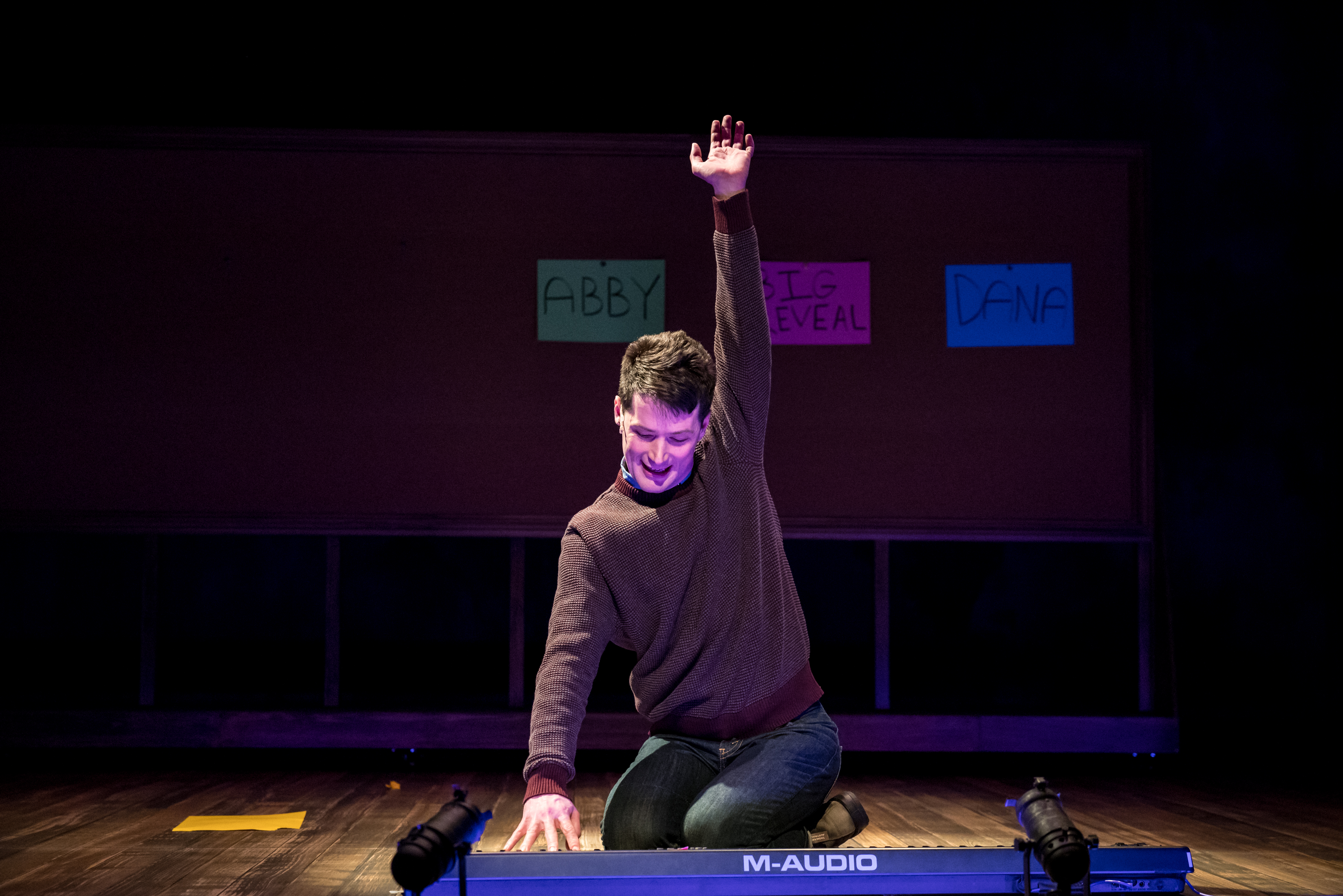 Writer-performer Milo Cramer in SCHOOL PICTURES at Theater Latt Da, running Feb 5 - Mar 2, 2025. Photo: Dan Norman. 