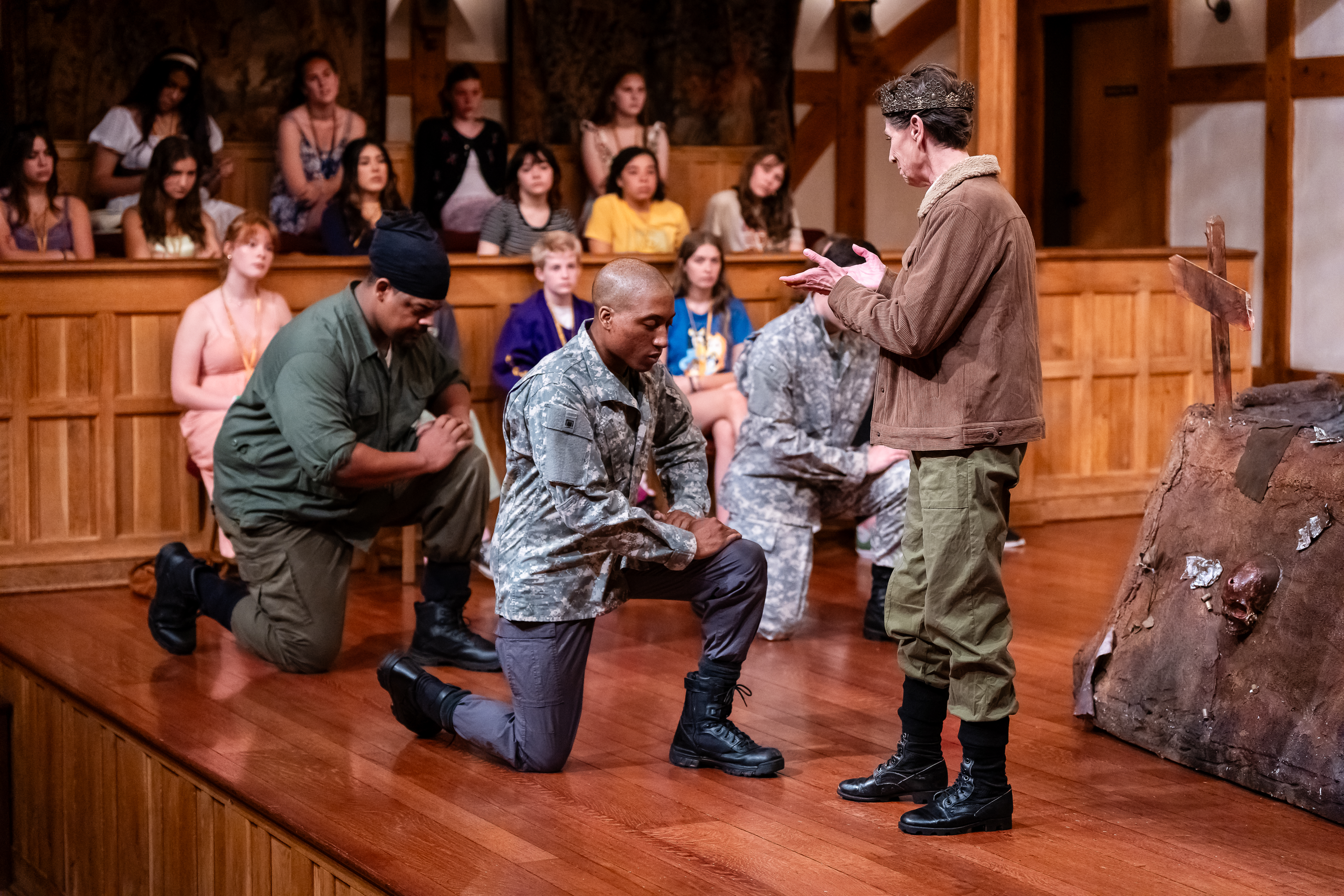 Kenn Hopkins, Jr. as Banquo, K.P. Powell as Macbeth, Britt Michael Gordon as Ross, and Angela Iannone as Duncan MACBETH at the American Shakespeare Center (2024). Photo by October Grace Media.