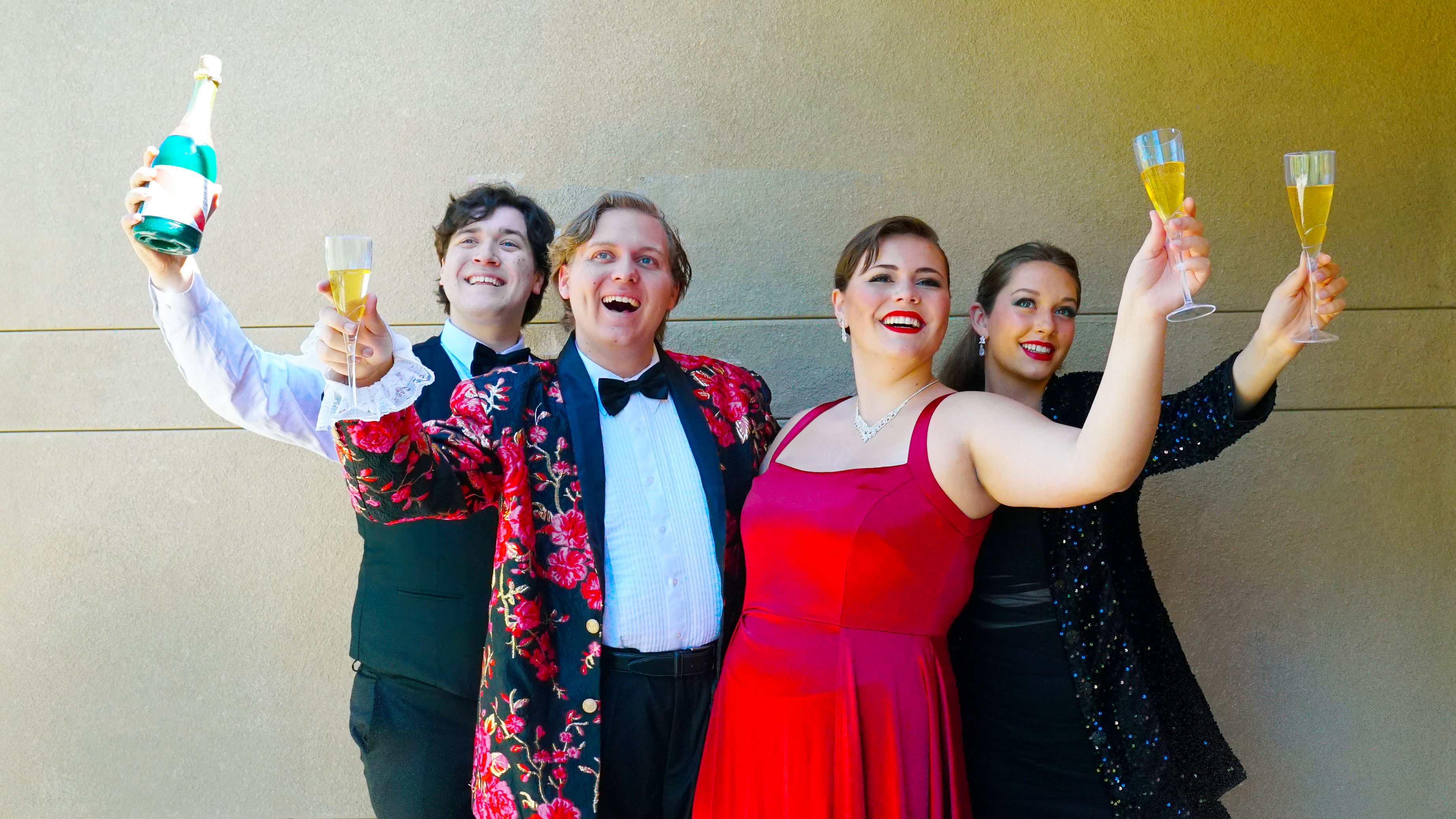 Sean Sullivan, Tyler Sanderlin, Emma Thompson, and Chiara Mangiamele play hilariously narcissistic Broadway actors in Ovation Theatre''s The Prom opening August 9th. Photo courtesy of Ovation Theatre. 