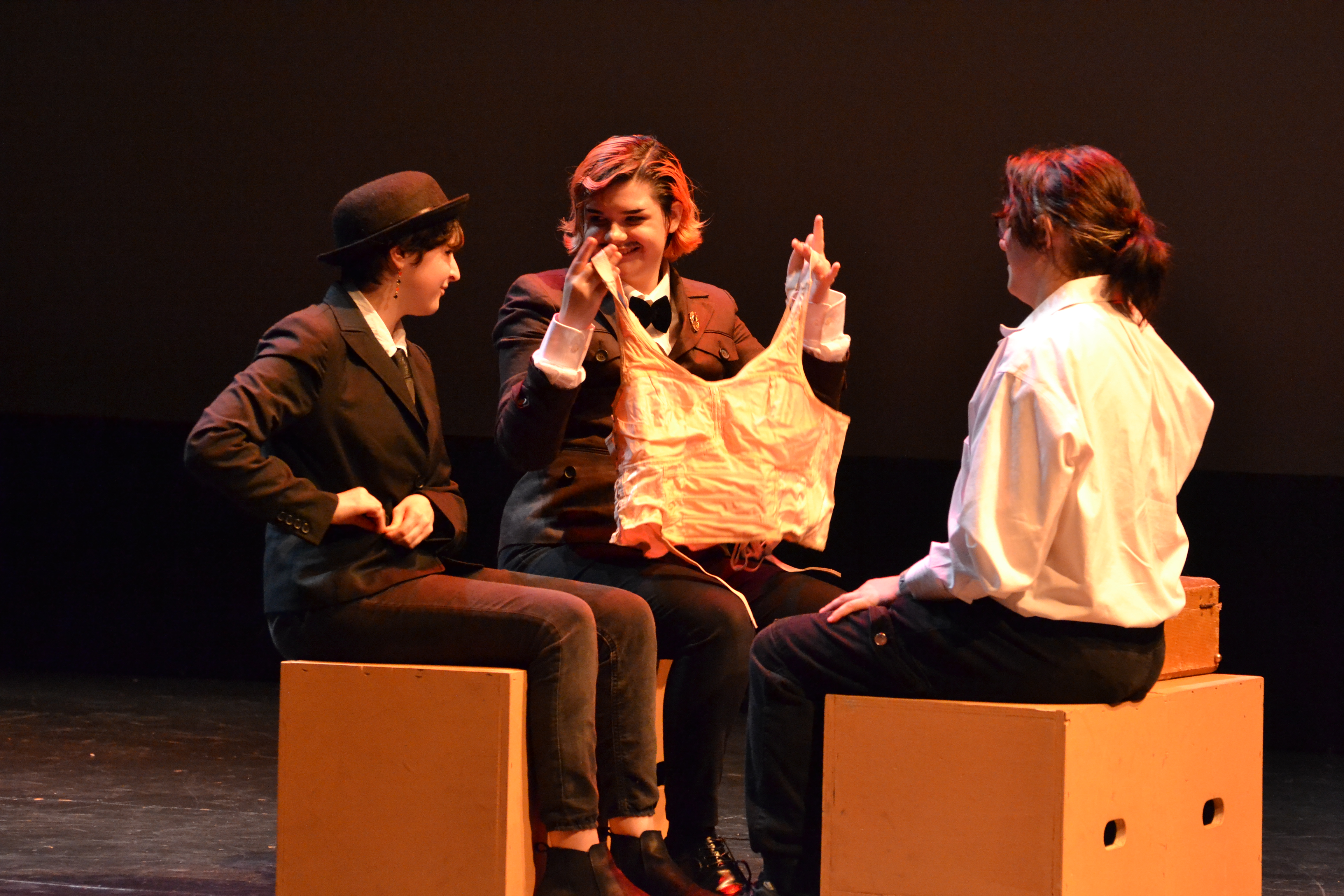 ACT students Maryssa Gusan (Norwich), Freddie Downey (Willimantic) and Orpheus Wilson (Ellington) rehearse for the upcoming production of ?The 39 Steps.? (EASTCONN)