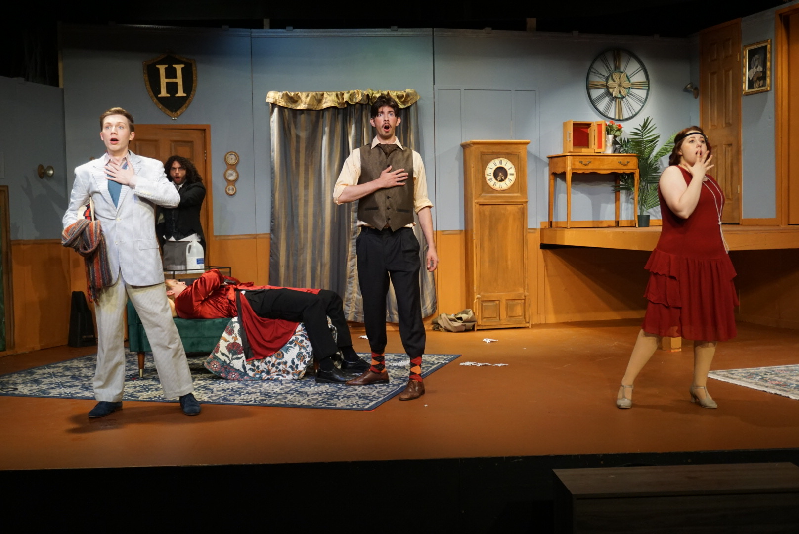 Production Photo. Play That Goes Wrong Company. (Left to Right: Casey Kassal, Tyler Rainer, Brock Markham, Tristan-Teja McDaniel, & Kayleigh Long)