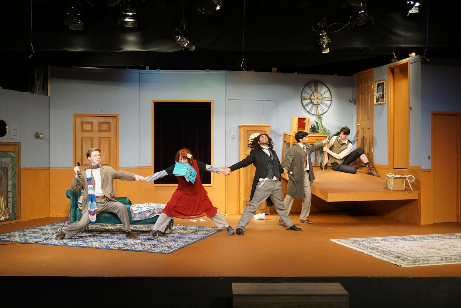 Production Photo. Play That Goes Wrong Company. (Left to Right: Casey Kassal, Ashley Taylor, Tyler Rainer, Aaron Ratnayeke, & Tristan-Teja McDaniel)