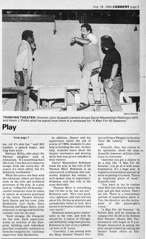 Seasons News: 1984 UMSL Current Story on Director John Grassilli and Actor Darryl Maximilian Robinson as Sir Thomas More of A Man For All Seasons at University of Missouri-St. Louis by Philip Dennis.