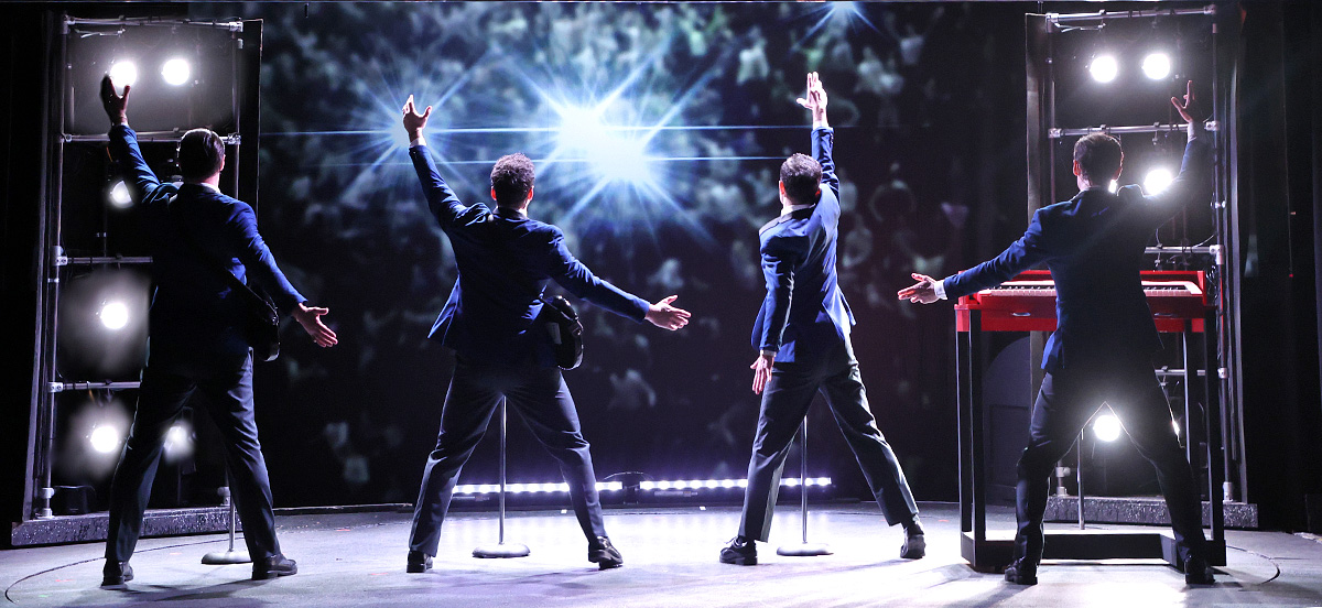 The Four Seasons perform Dawn in front of a large crowd in Beef & Boards Dinner Theatre''s production of Jersey Boys, now on stage through April 13. 