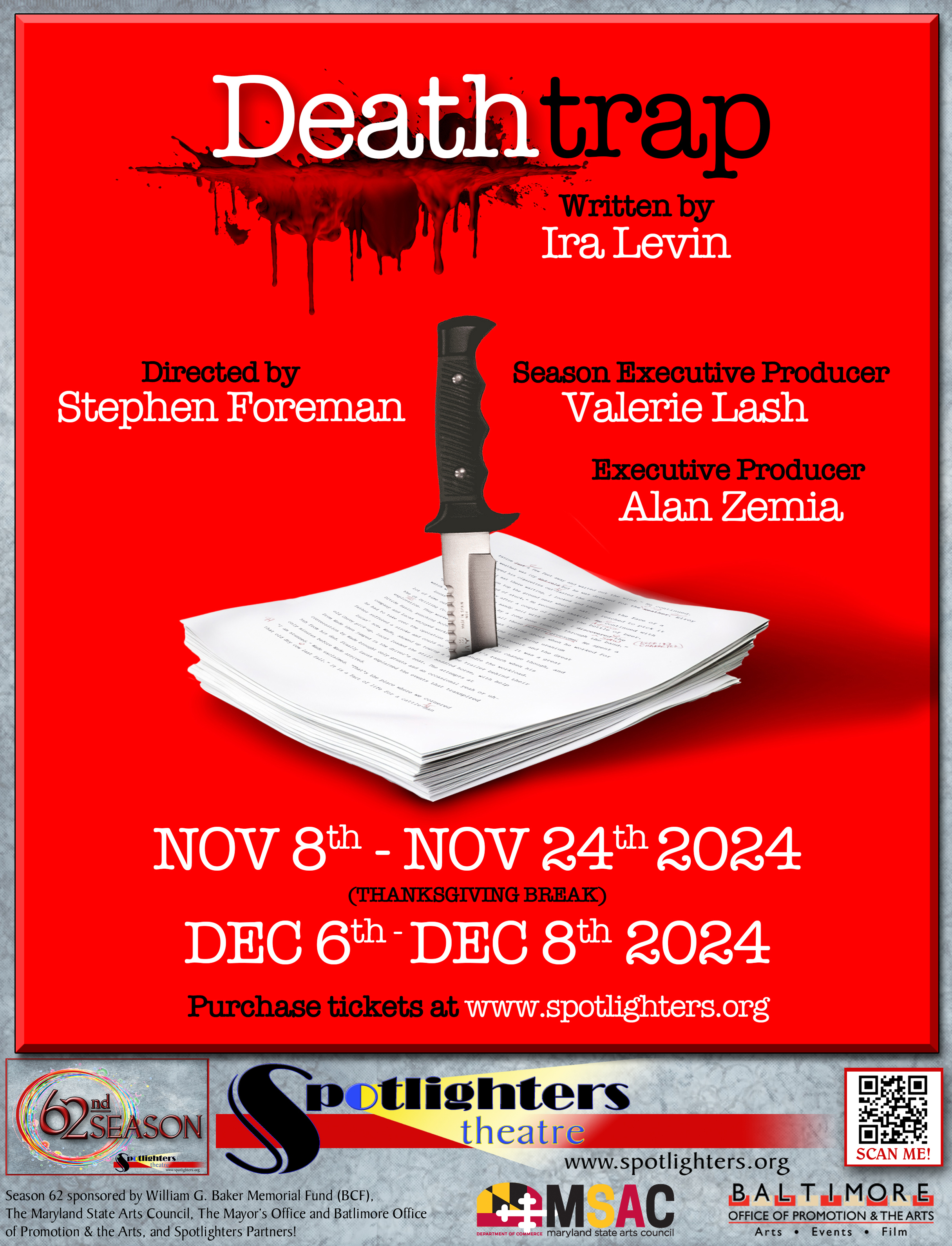 DEATHTRAP by Ira Levin, directed by Stephen Foreman, opens Nov 8, 2024 at Spotlighters Theatre. https://www.spotlighters.org/deathtrap