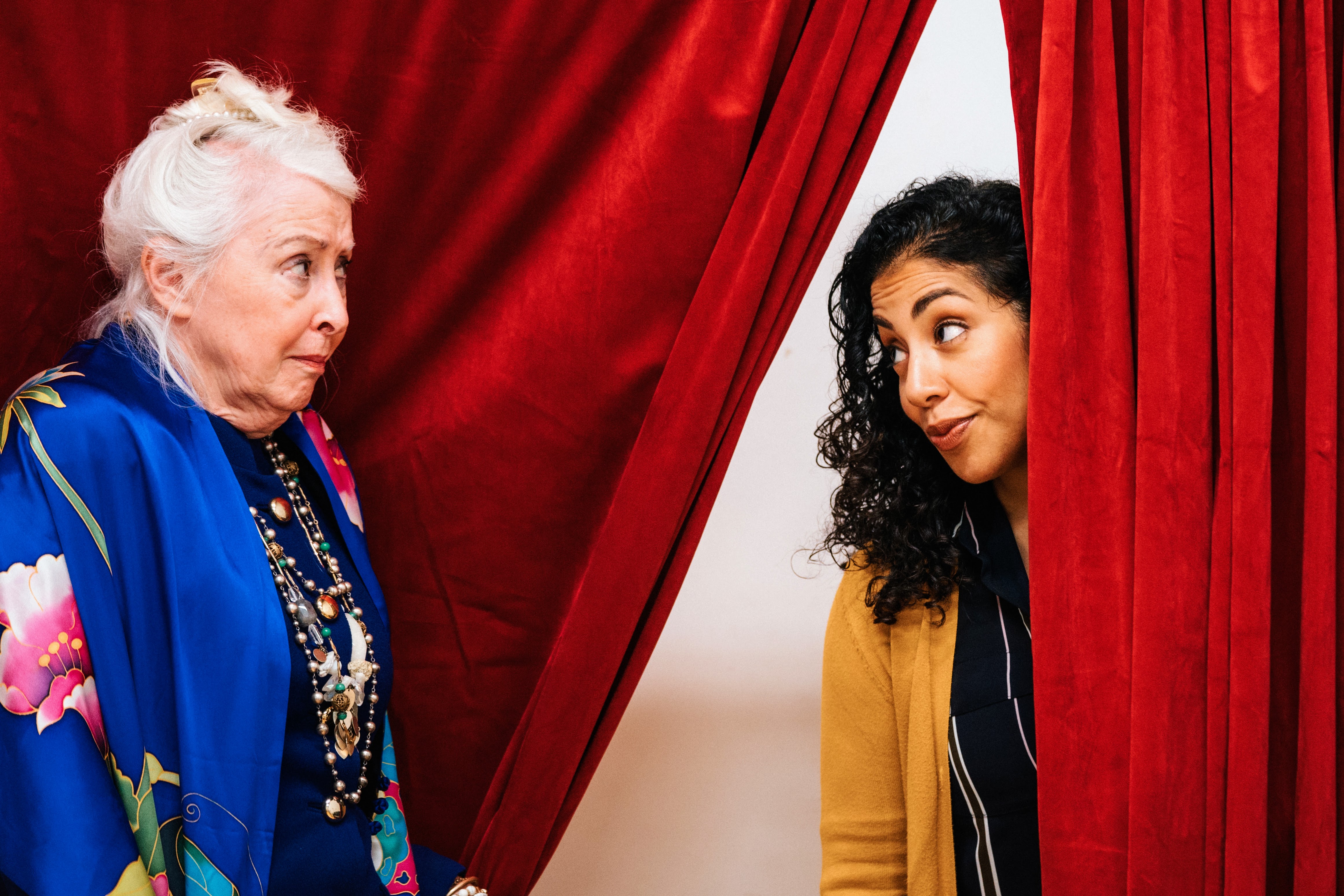 Denise Tyrrell (Dolores) and Regina Morones (Maya) star in Jonathan Spector''s new play ''Best Available'' at Shotgun Players in May and June 2024. Photo by Robbie Sweeny.
