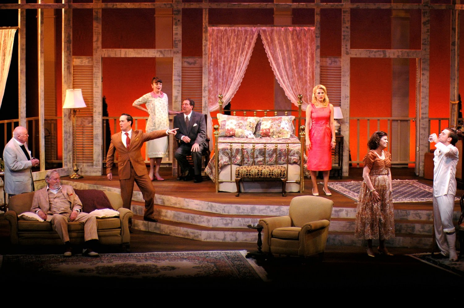  A family confrontation explodes in a scene with (l to r) Bennett Wood, Bill Baker, Kinon Keplinger, Shannon Walton, John Reynolds, Natalie Jones, Martha Jones, and Gabe Beutel-Gunn in the Theatre Memphis Lohrey Stage production of Cat on a Hot TIn Roof, April 28 - May 14, 2017.