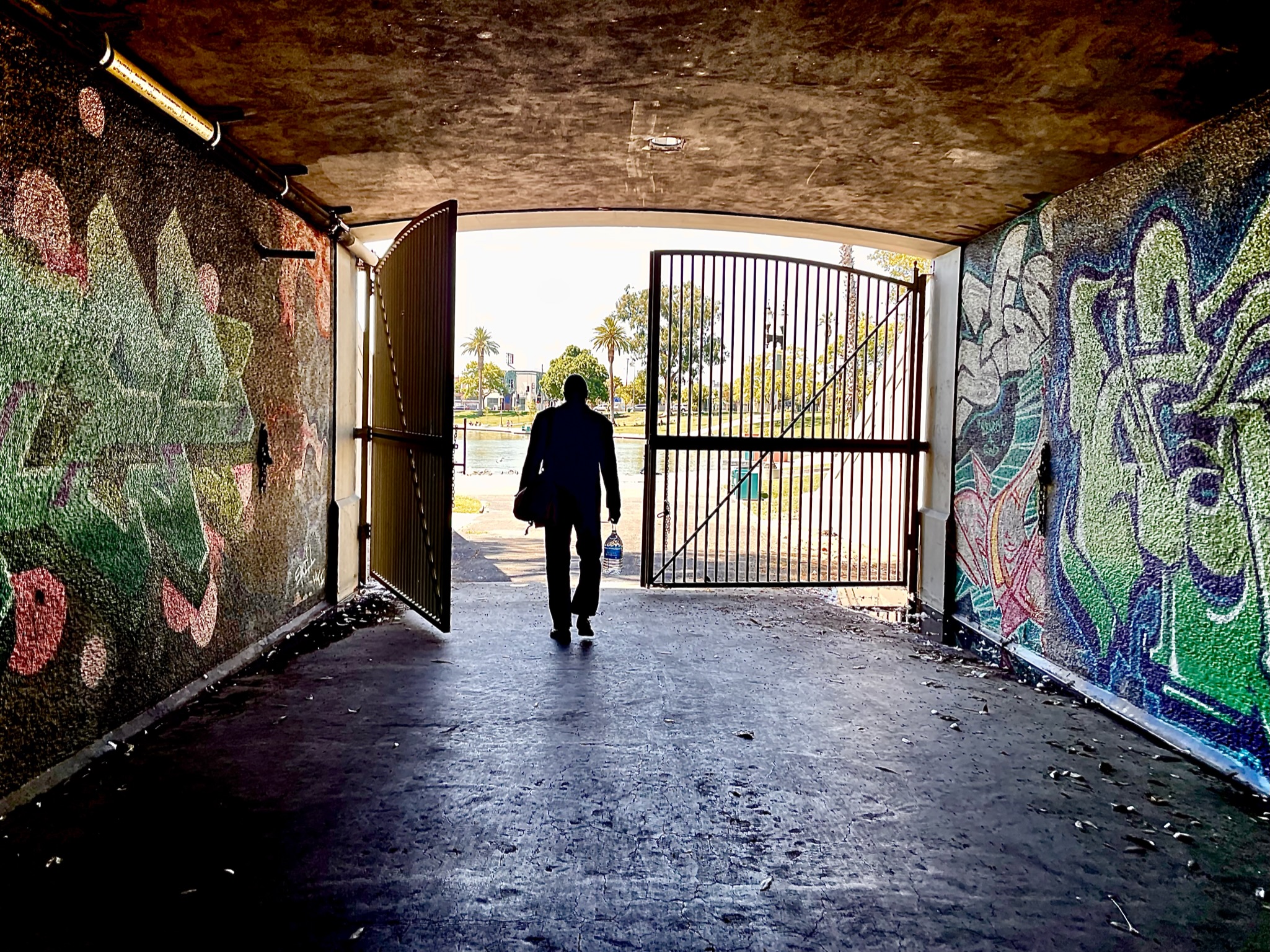 Exploring MacArthur Park: Seeking the right spot to shoot a preview video of his new recording of Edgar Allan Poe's classic poem 'The Conqueror Worm', veteran stage actor and play director Darryl Maximilian Robinson takes a stroll through a highly decorated tunnel near the Levitt Pavilion. Photo by Danny Belrose 